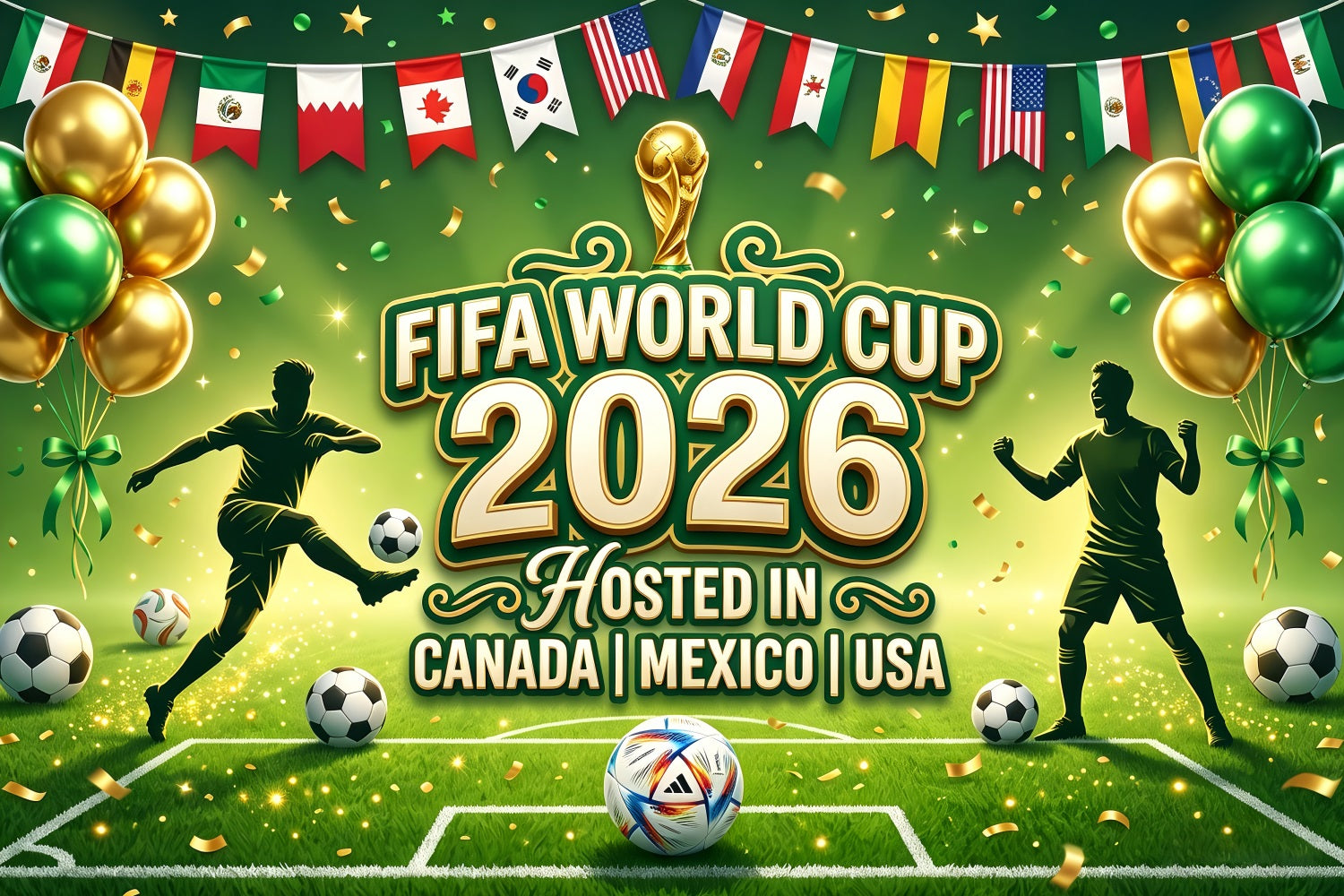 International Soccer Fan Backdrop Green Gold Balloons Player Silhouettes Football Watch Party Backdrop ZTT64-63