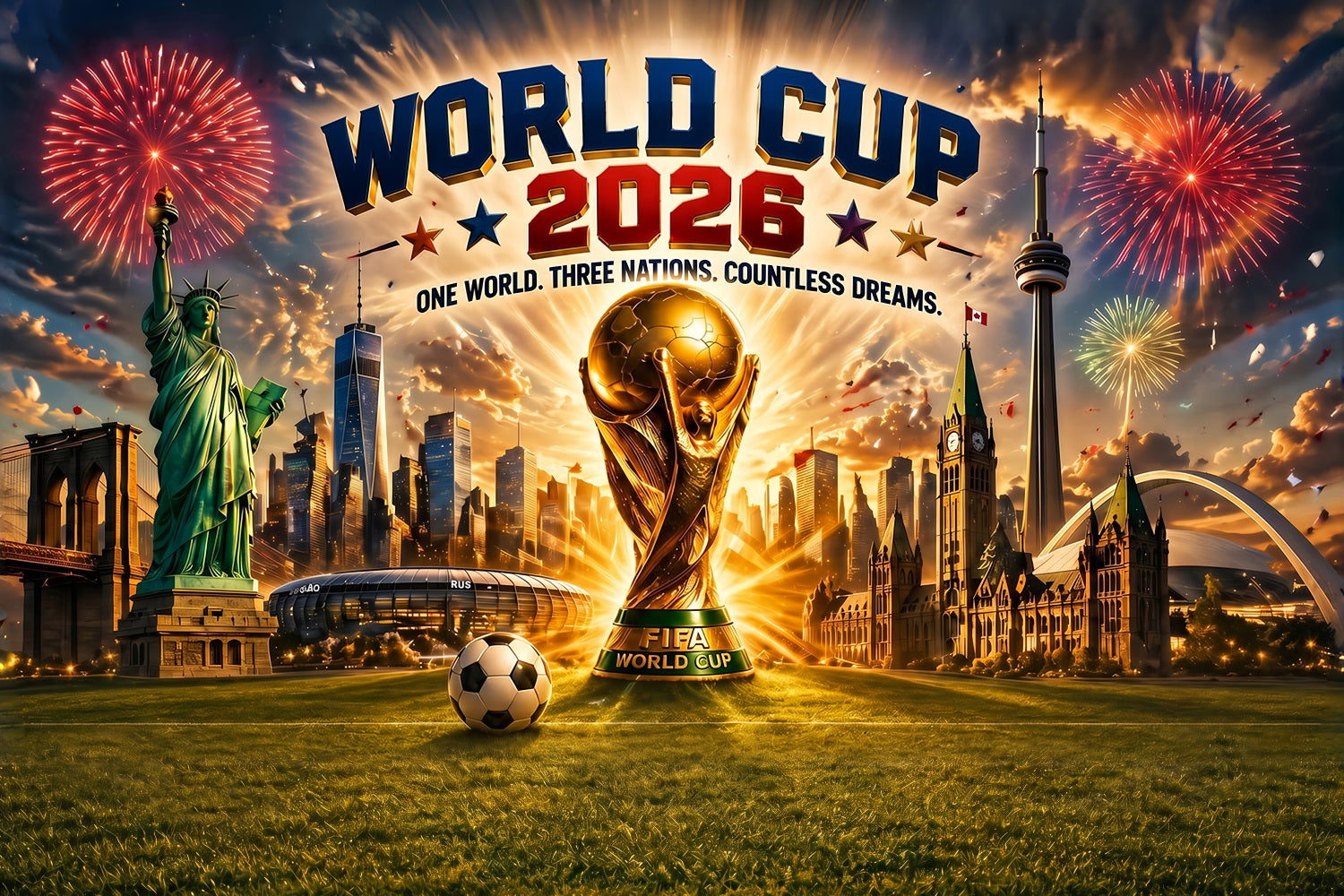 North America Soccer Fever Backdrop Landmark Skyline Trophy Fireworks Soccer Night Photo Booth Backdrop ZTT64-66