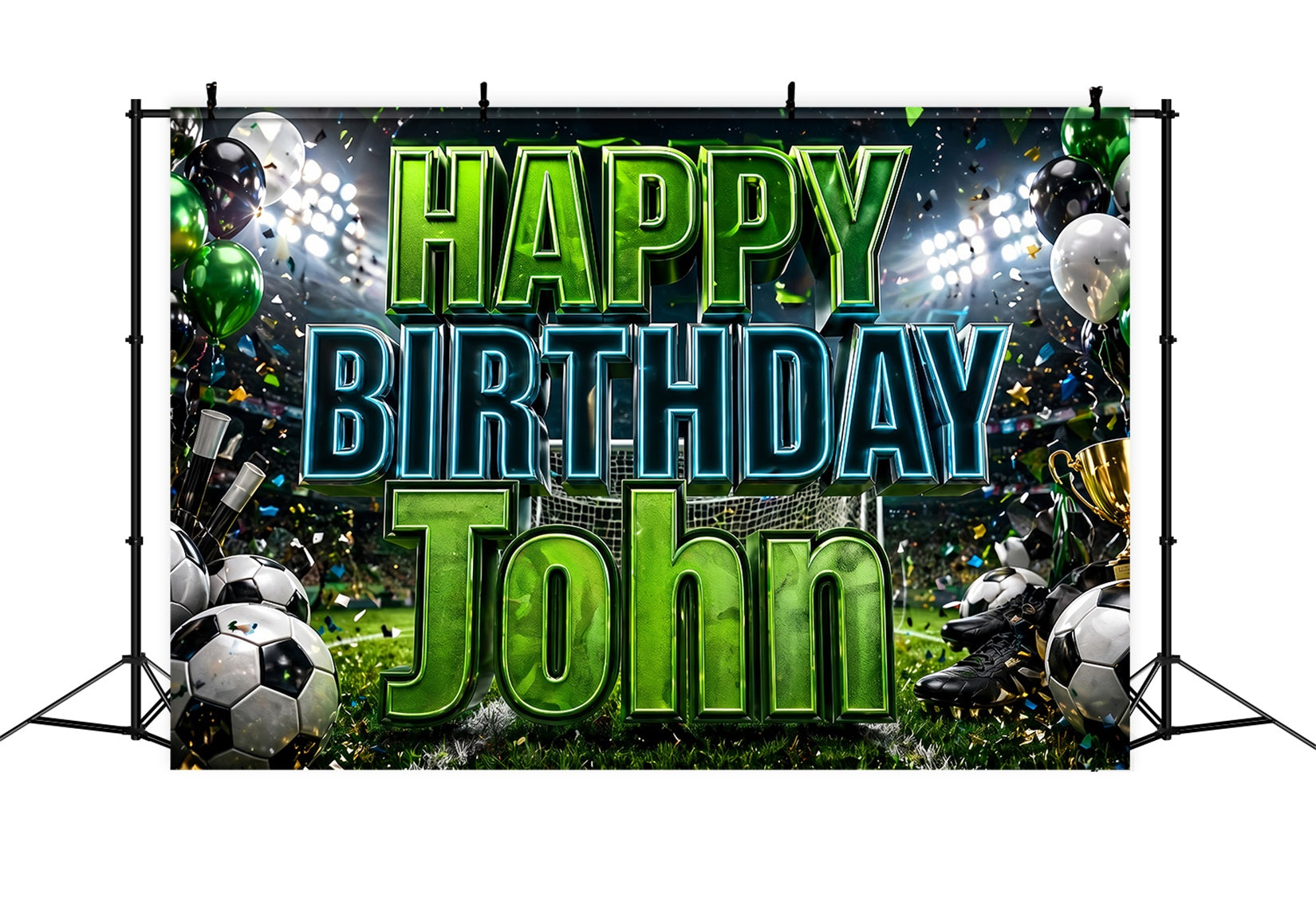 Soccer Birthday Backdrop Green Stadium Balloons Trophy Soccerballs Customization 2026 Soccer Party Backdrop ZTT64-67