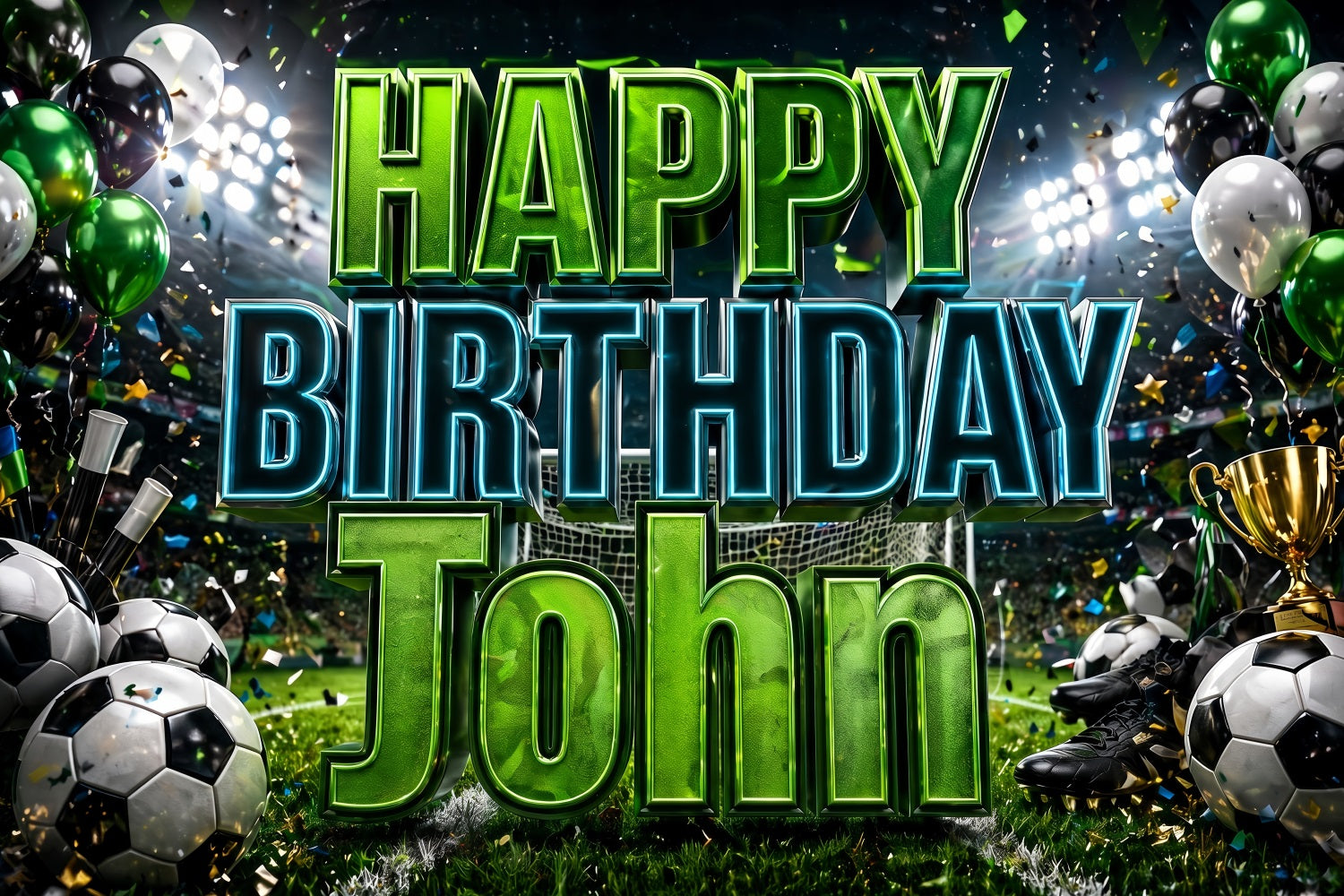 Soccer Birthday Backdrop Green Stadium Balloons Trophy Soccerballs Customization 2026 Soccer Party Backdrop ZTT64-67