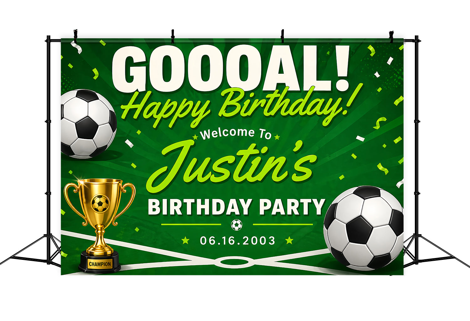 Little Champion Backdrop Neon Goal Trophy Soccerballs Champion Personalized 2026 Soccer Party Backdrop ZTT64-68