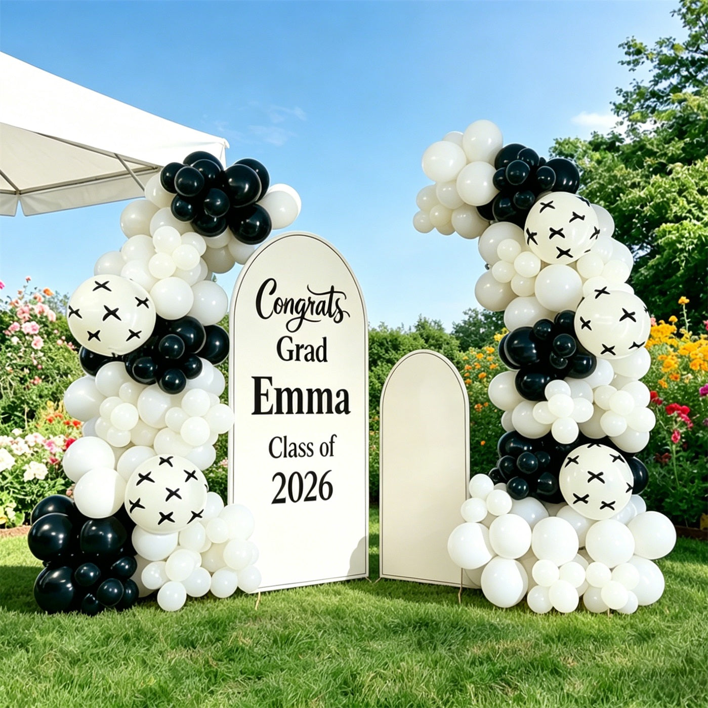Graduation Arch Backdrop With Name White Black Bold 2026 Personalized