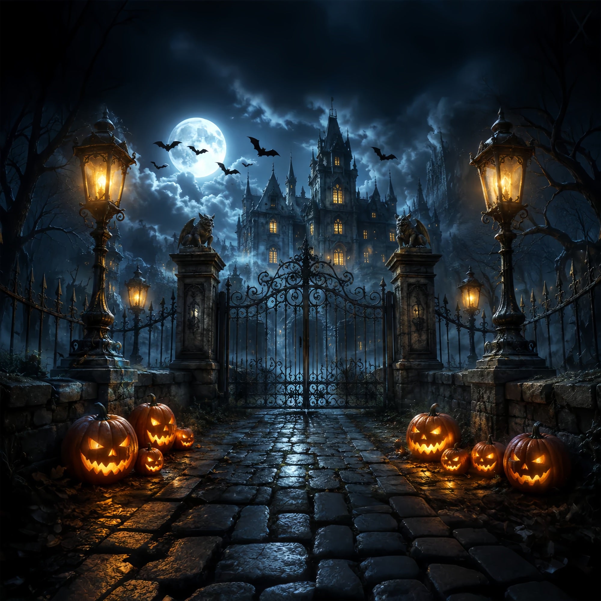 Halloween Backdrop Photography Gothic Castle Pumpkin Gateway Halloween Scary Backdrop ZTT67-12