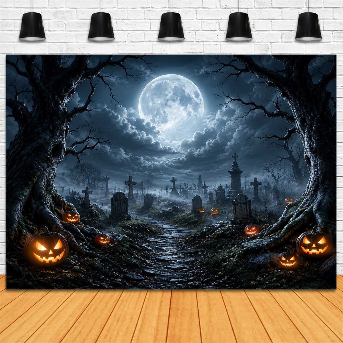 Halloween Cloth Backdrop Moonlit Pumpkin Cemetery Path Graveyard Halloween Backdrops ZTT67-13
