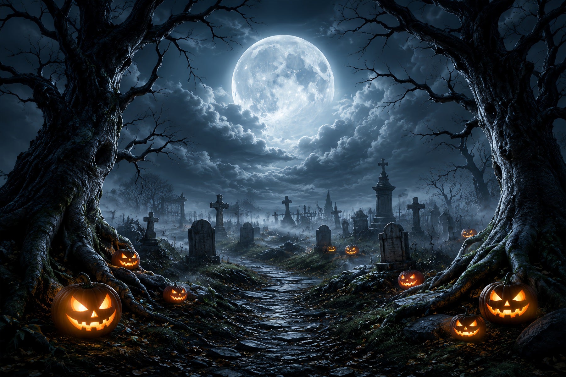 Halloween Cloth Backdrop Moonlit Pumpkin Cemetery Path Graveyard Halloween Backdrops ZTT67-13