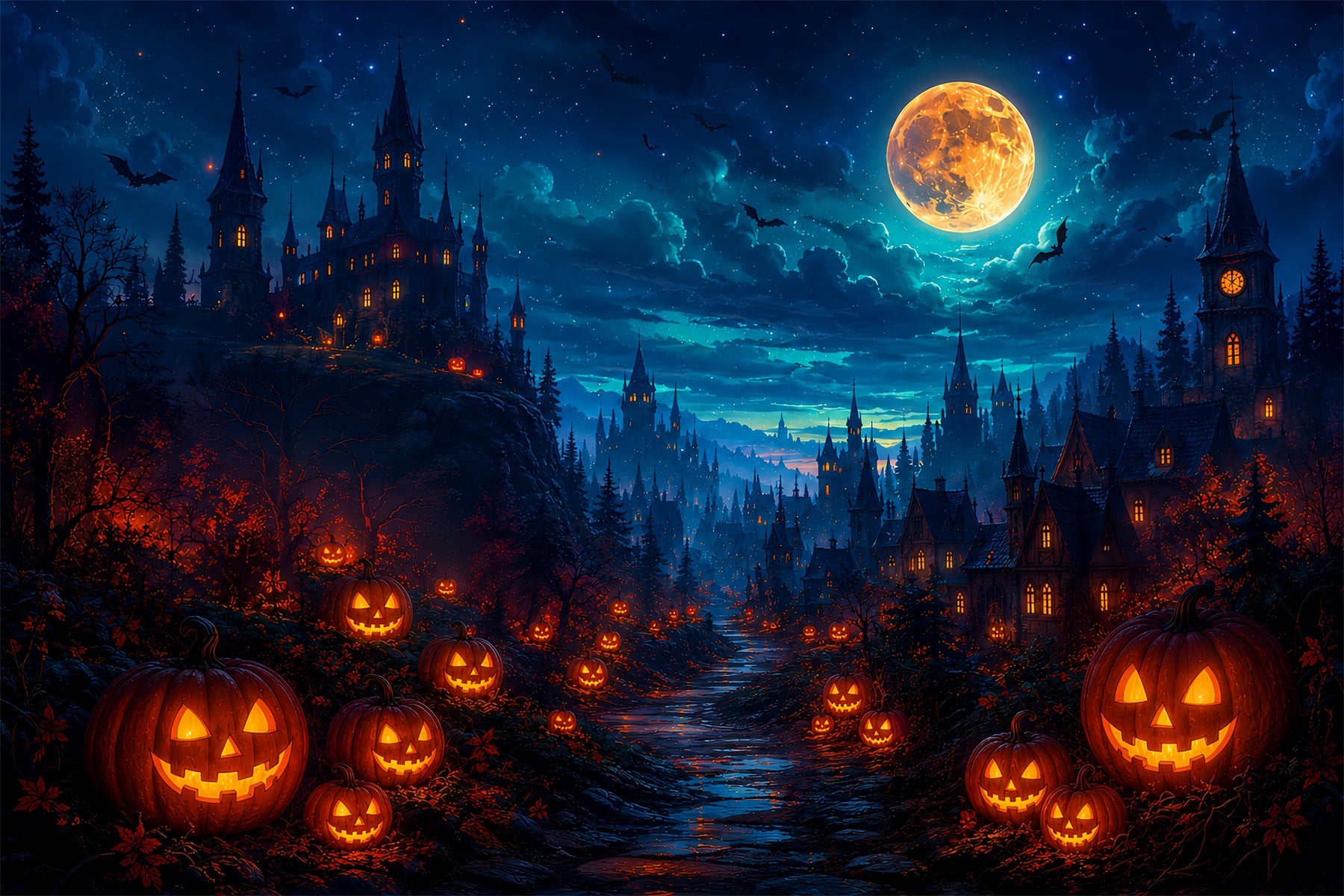 Halloween Party Photo Backdrop Ideas Glowing Pumpkin Castle Valley Creepy Halloween Backdrop ZTT67-15