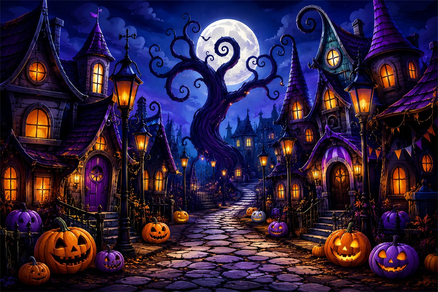 Halloween Scene Backdrop Whimsical Pumpkin Village Street Backdrop For Halloween ZTT67-16