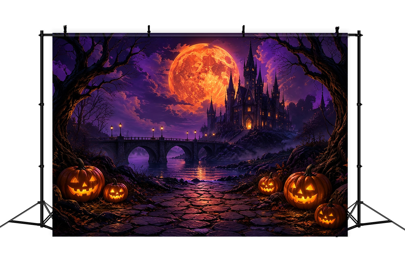 Scary Halloween Photo Backdrops Fiery Moon Gothic Castle Happy Halloween Backdrop ZTT67-17