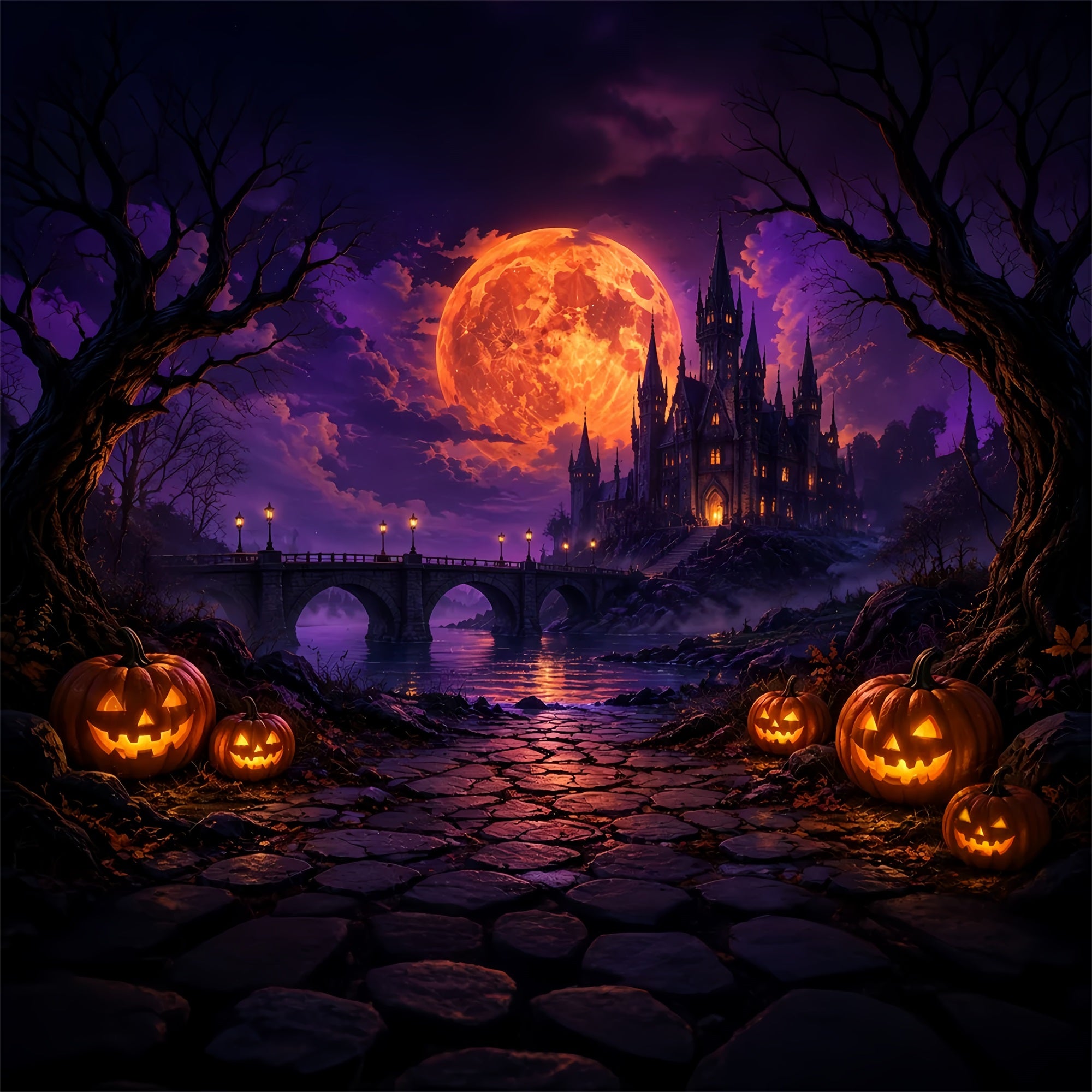 Scary Halloween Photo Backdrops Fiery Moon Gothic Castle Happy Halloween Backdrop ZTT67-17
