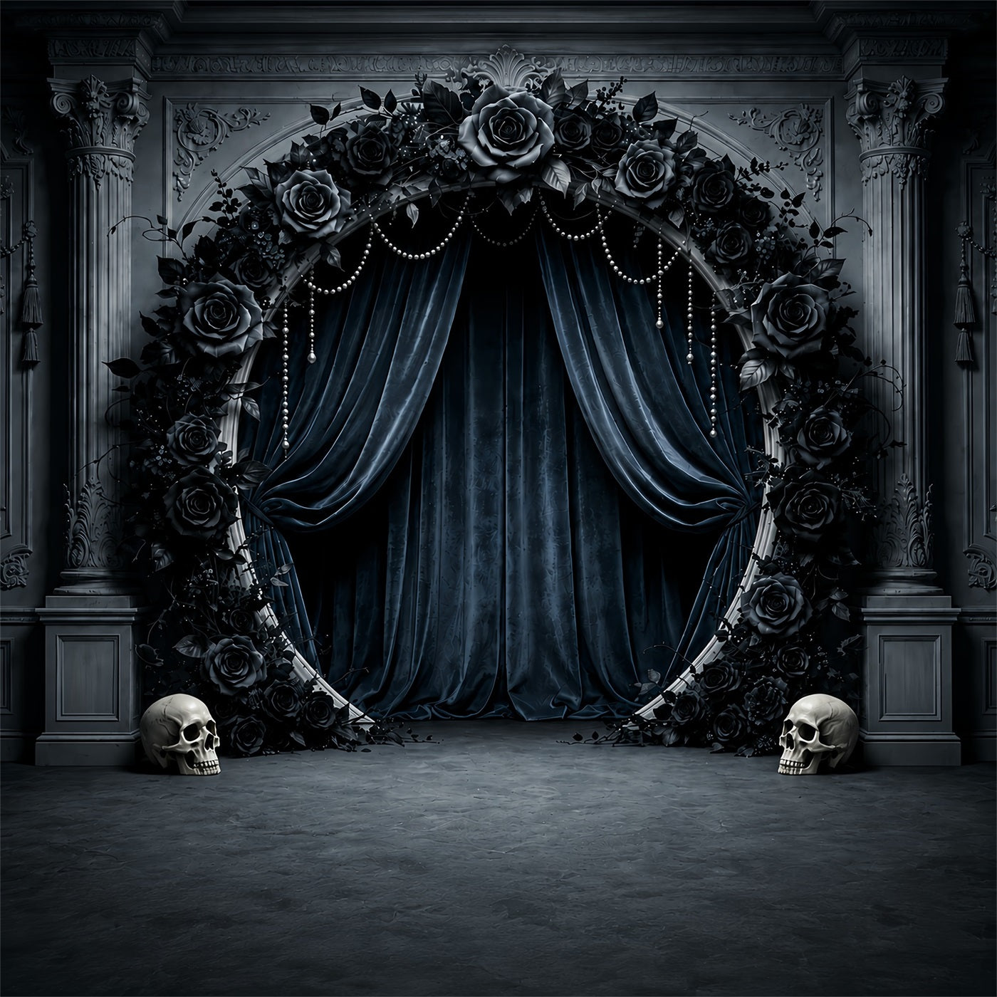 Halloween Wedding Backdrop Black Rose Skull Arch Halloween Photo Backdrop ZTT67-23