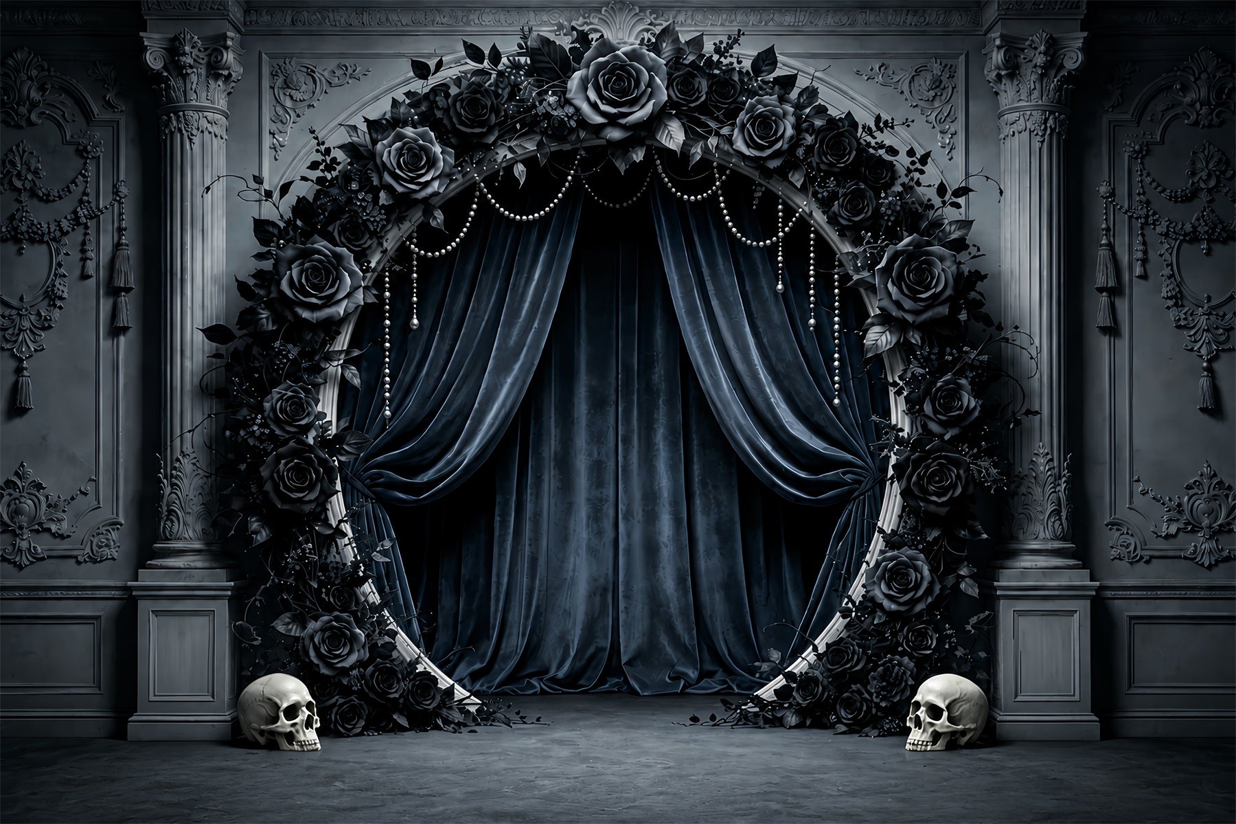 Halloween Wedding Backdrop Black Rose Skull Arch Halloween Photo Backdrop ZTT67-23