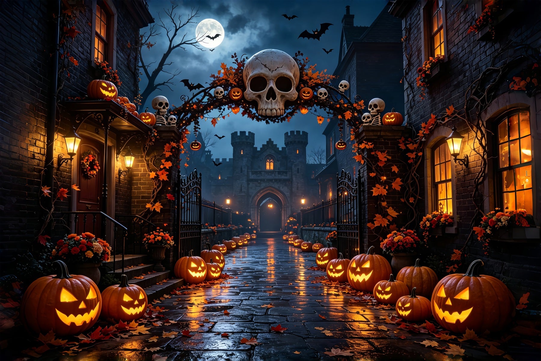 Halloween Party Backdrops Skull Arch Pumpkin Street Halloween Photo Booth Backdrop ZTT67-27