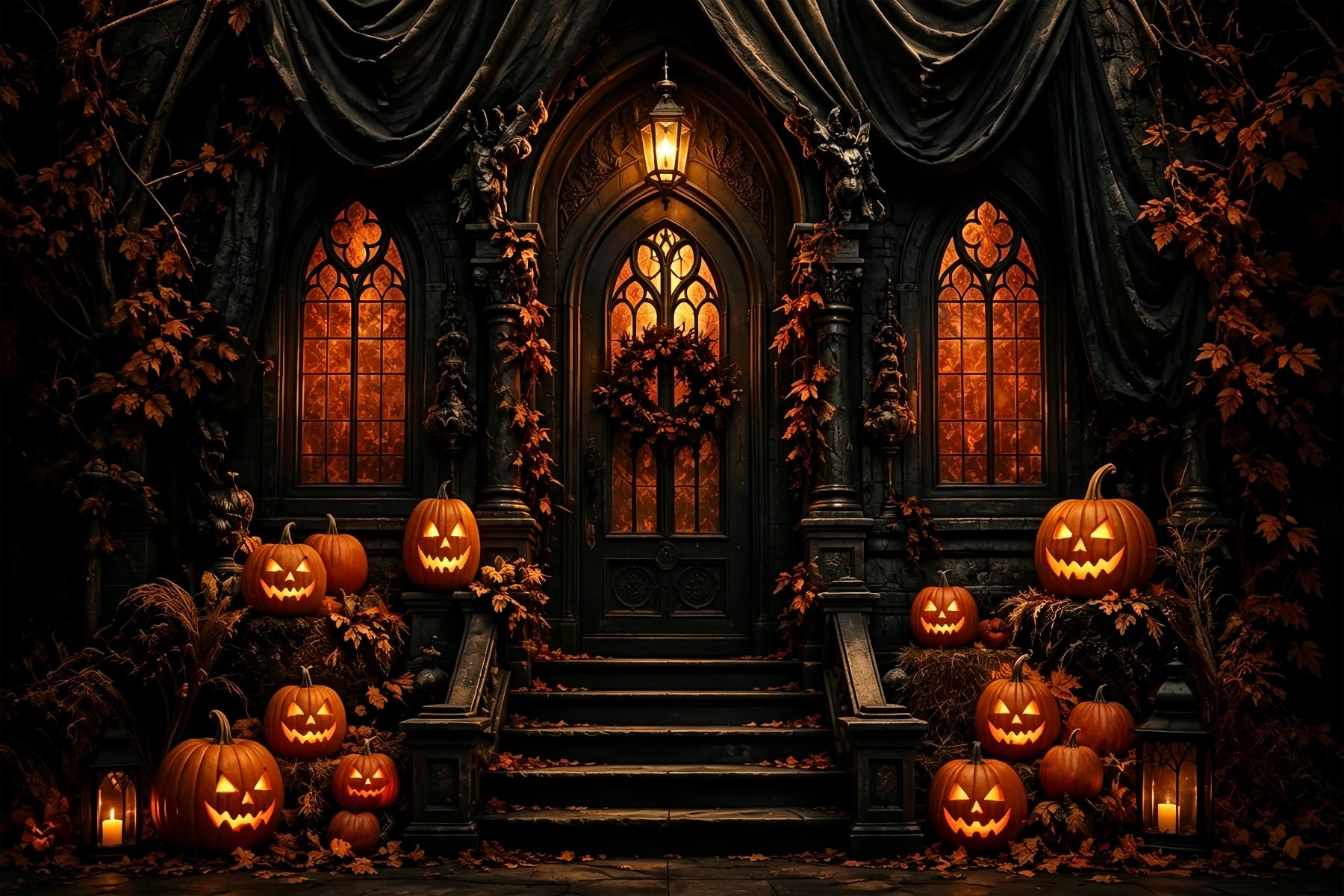Halloween Backdrop Photo Gothic Pumpkin Mansion Entrance Halloween Party Backdrop ZTT67-30