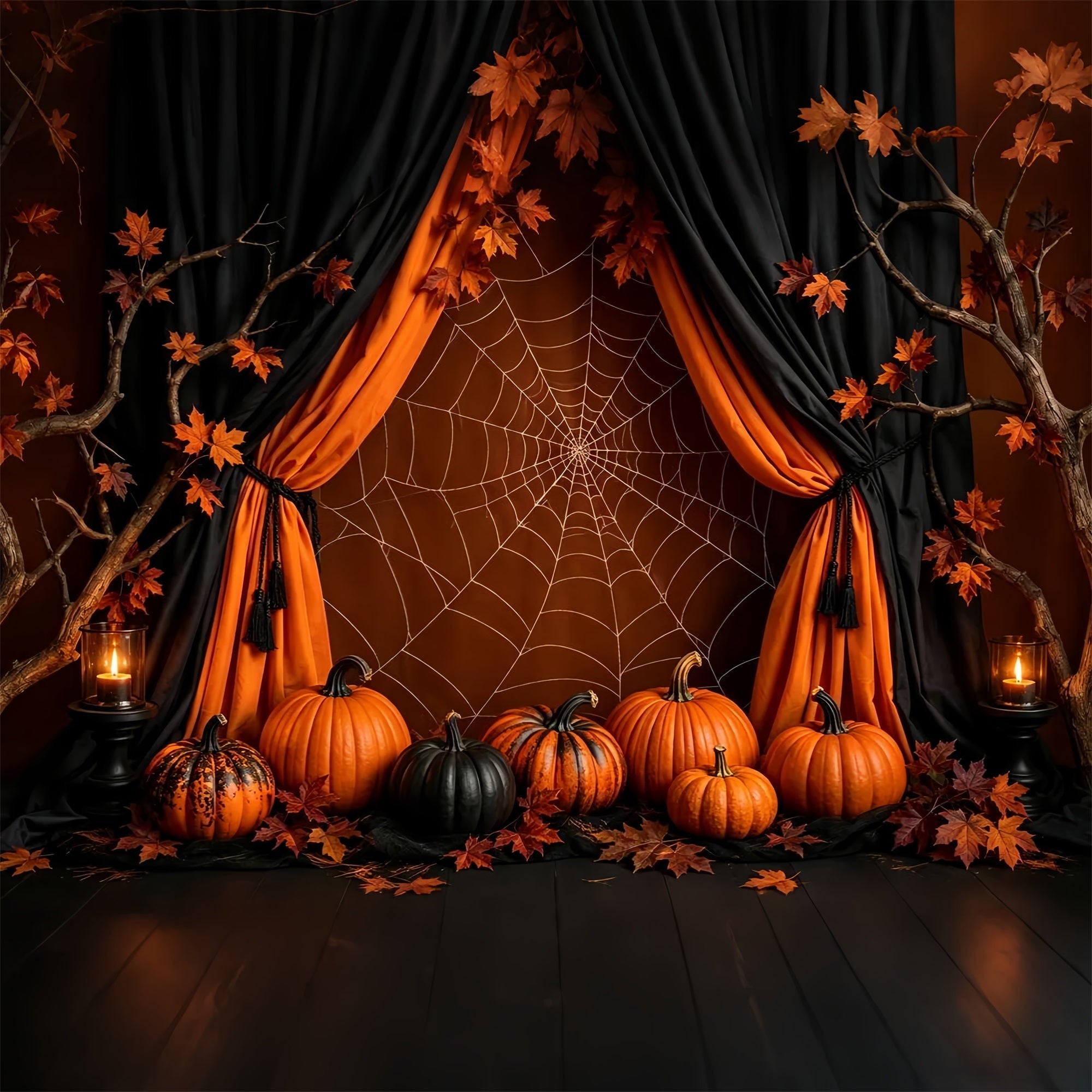 Halloween Pumpkin Backdrop Orange Spiderweb Pumpkin Drapery Halloween Photo Backdrop Ideas ZTT67-32