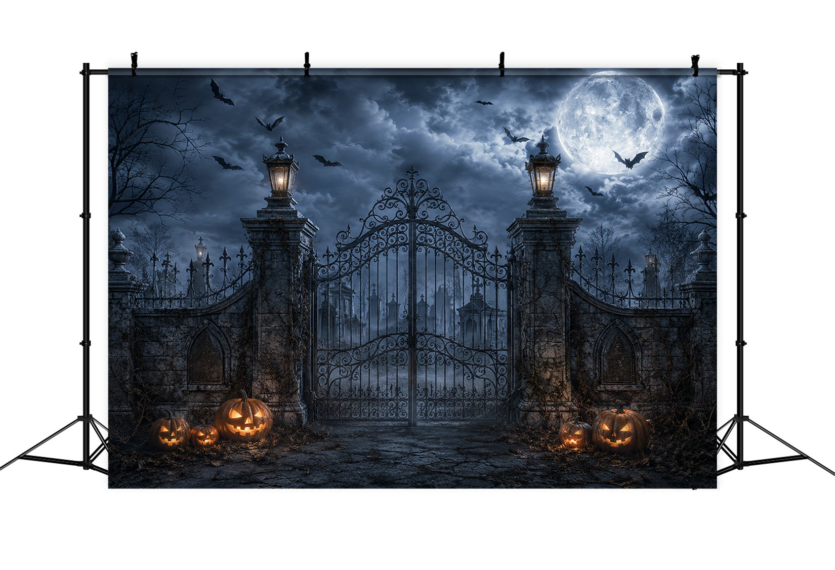Photo Booth Halloween Backdrop Ideas Moonlit Pumpkin Cemetery Gate Halloween Picture Backdrop ZTT67-35