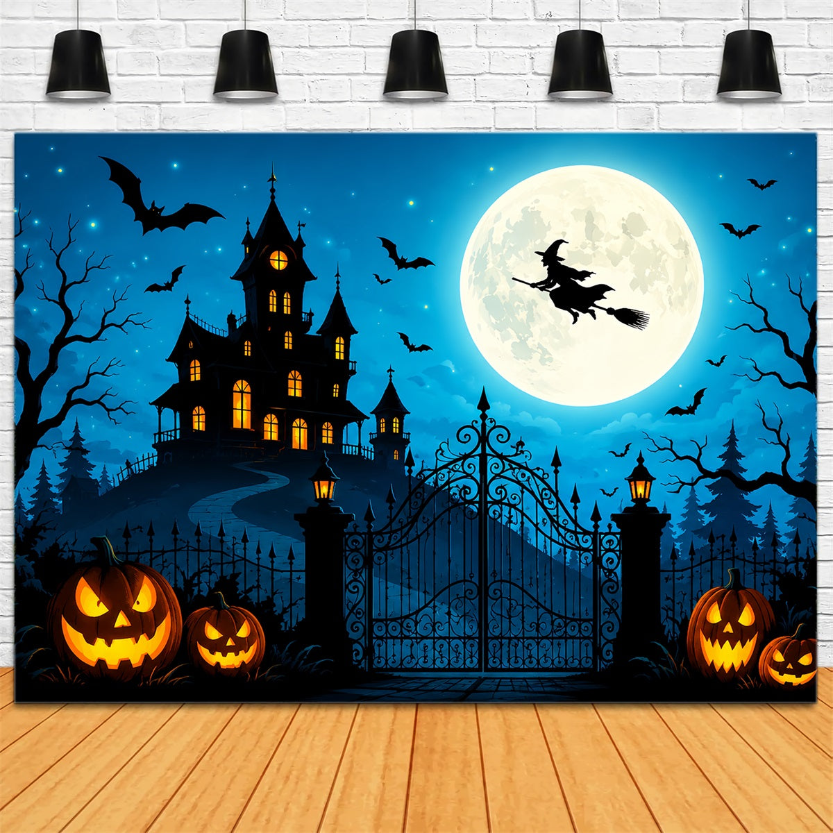 Halloween Castle Backdrop Flying Witch Pumpkin Gateway Large Halloween Backdrop ZTT67-36