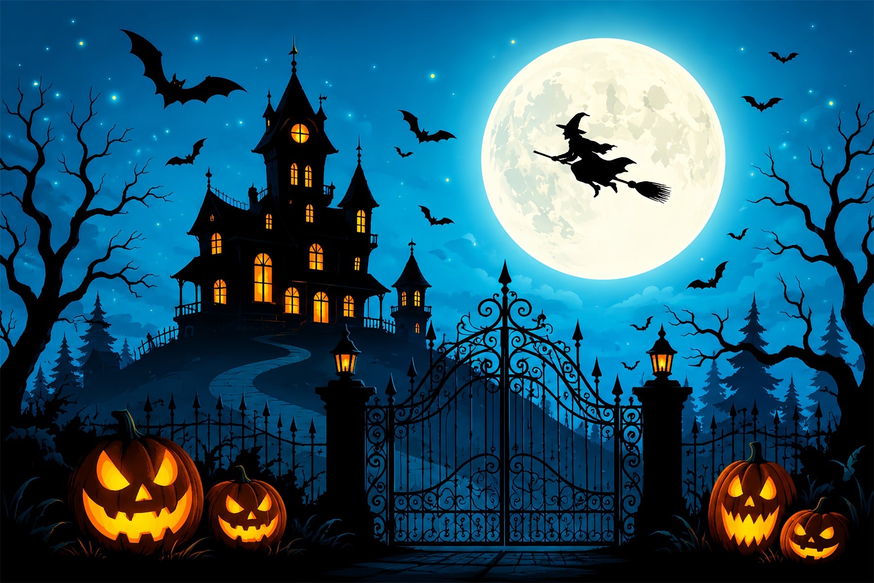 Halloween Castle Backdrop Flying Witch Pumpkin Gateway Large Halloween Backdrop ZTT67-36