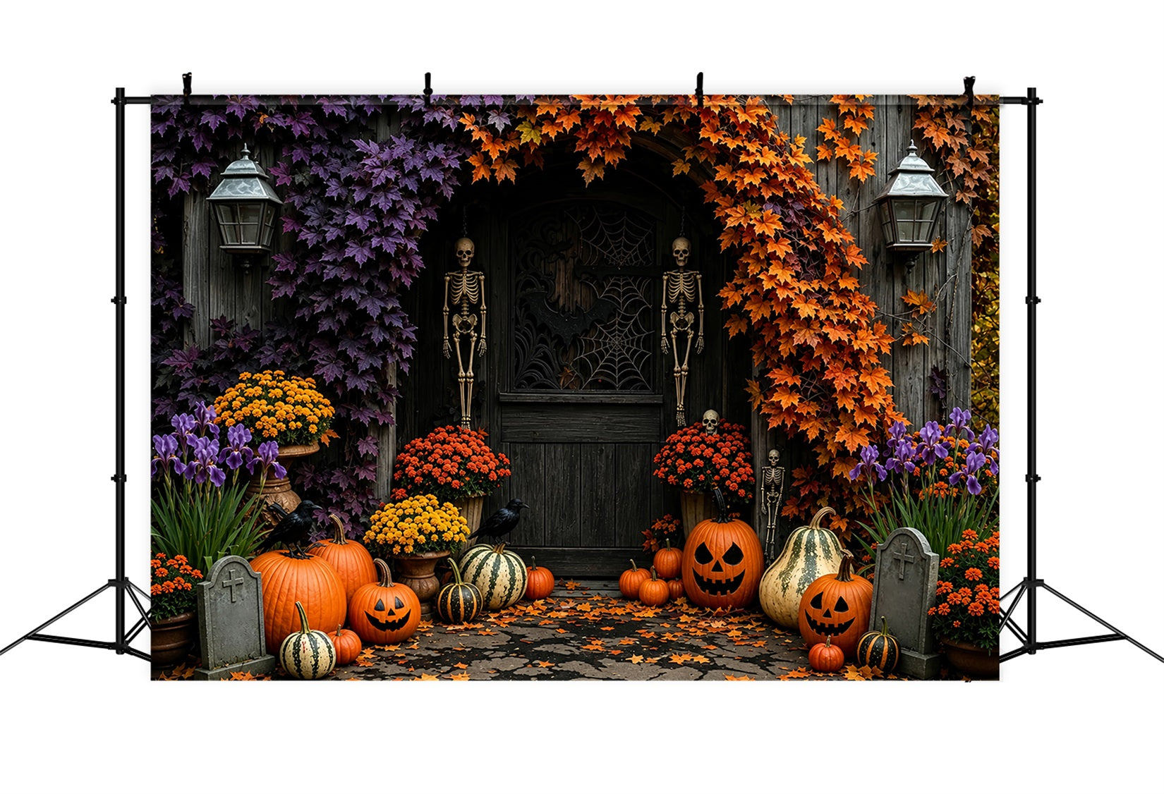 Fall Halloween Backdrop Skeleton Pumpkin Floral Doorway Scary Halloween Backdrops ZTT67-37