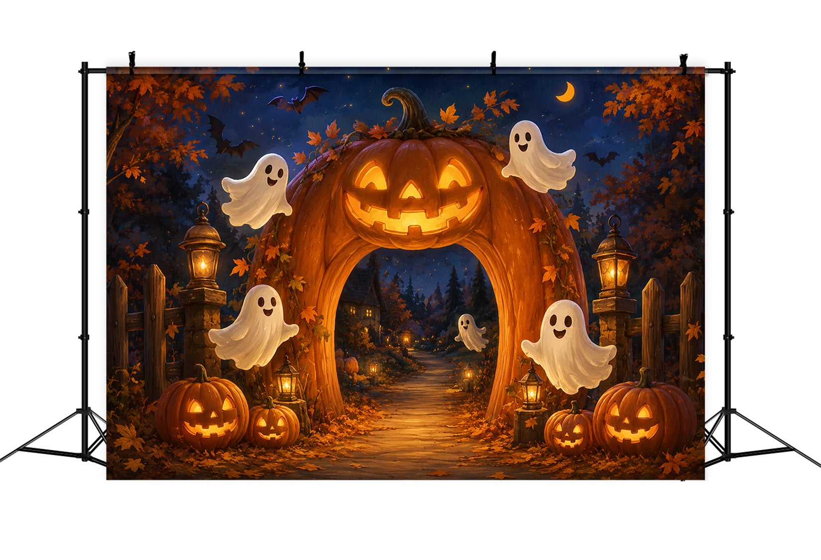 Halloween Ghost Backdrop Fall Pumpkin Lantern Archway Scary Halloween Backdrop ZTT67-38