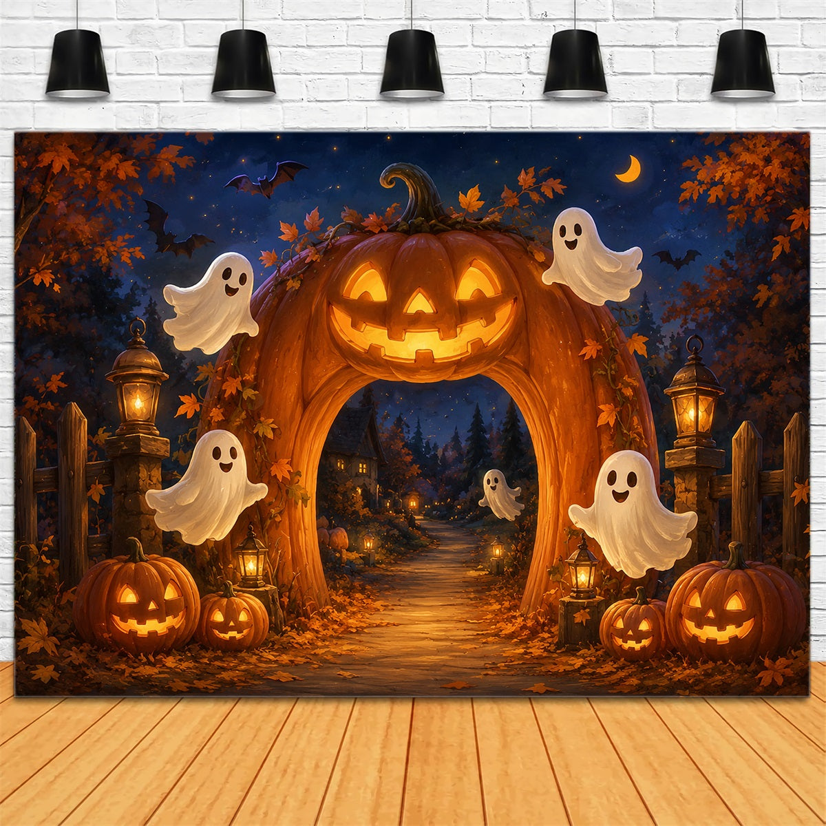 Halloween Ghost Backdrop Fall Pumpkin Lantern Archway Scary Halloween Backdrop ZTT67-38