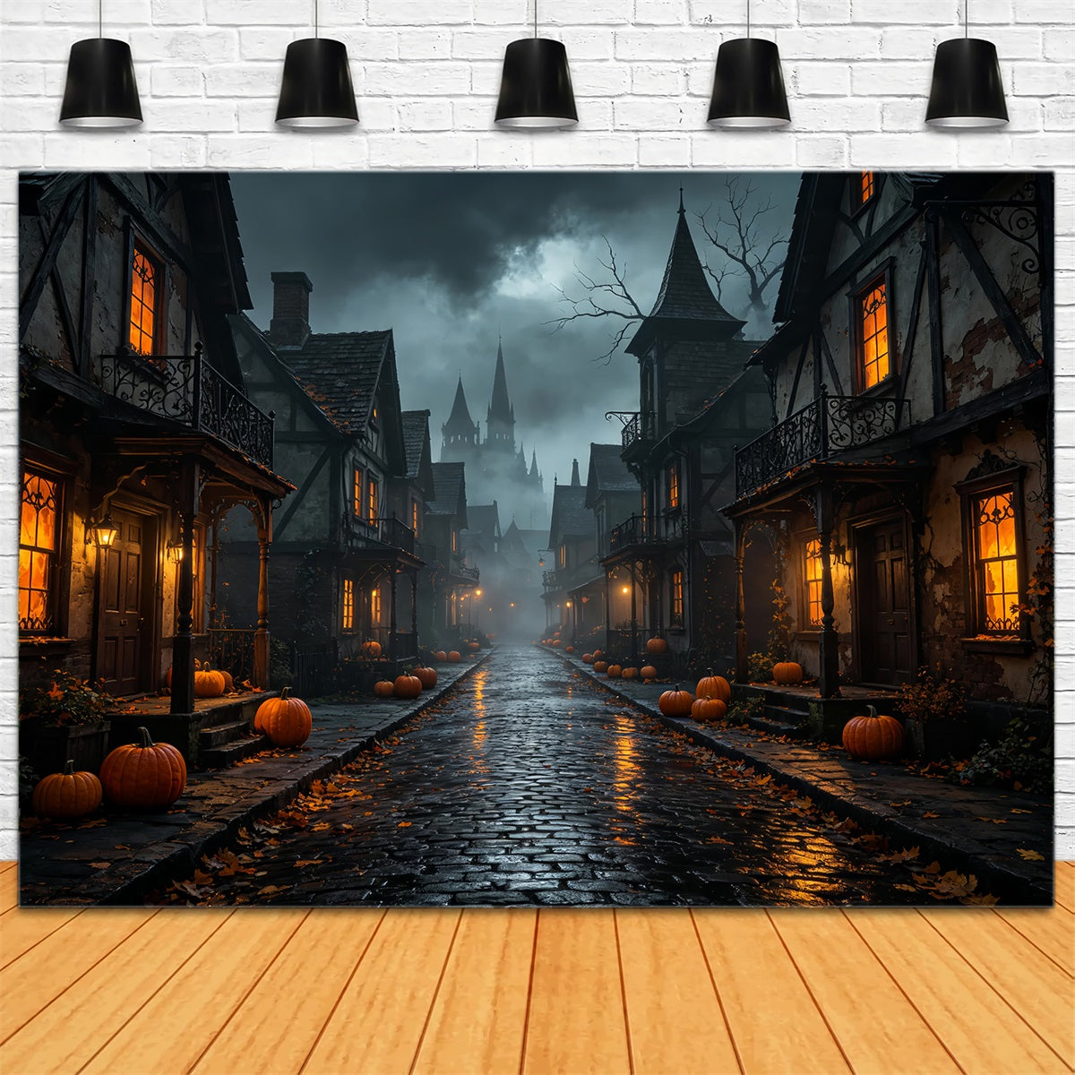 Halloween Cardboard Backdrops Foggy Pumpkin Village Street Halloween Photography Backdrop ZTT67-39