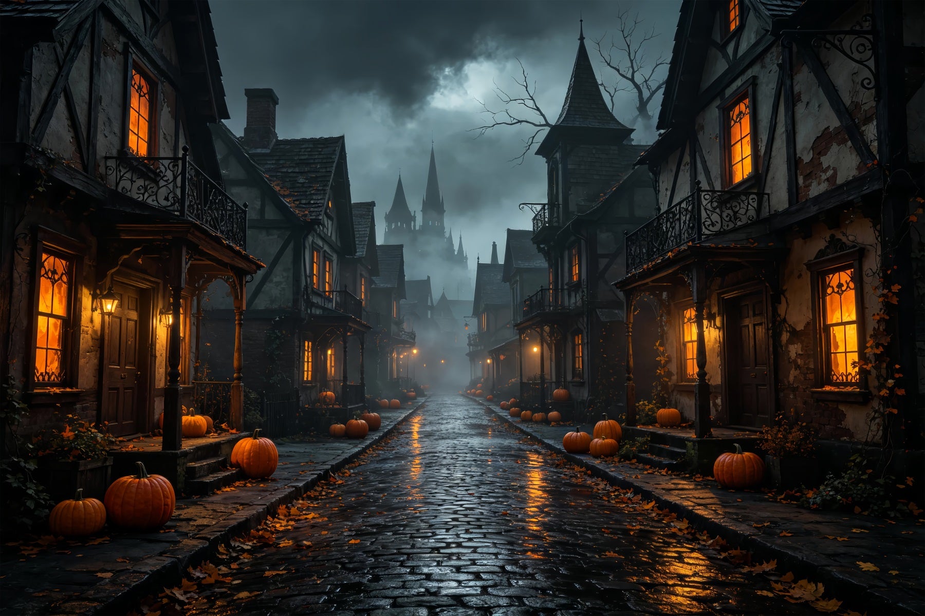 Halloween Cardboard Backdrops Foggy Pumpkin Village Street Halloween Photography Backdrop ZTT67-39
