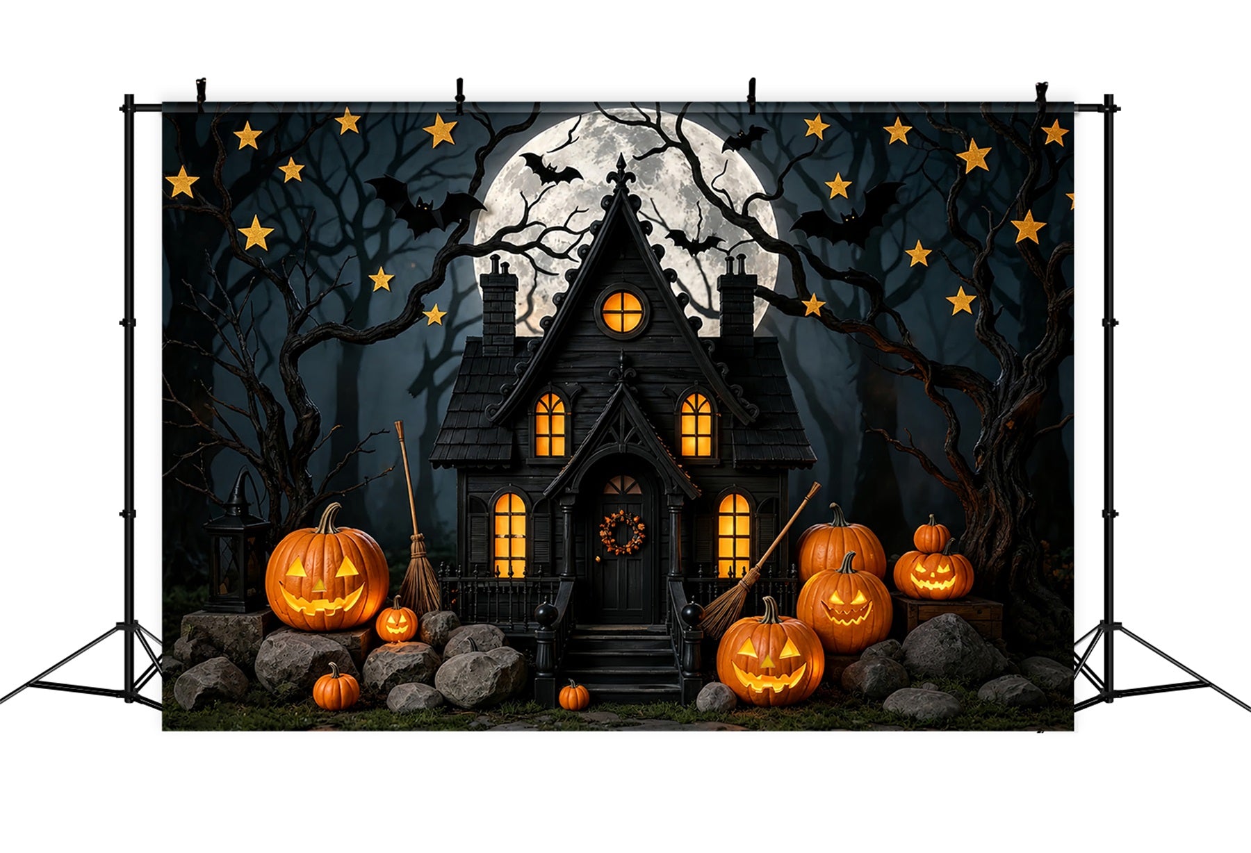 Halloween Backdrop For Photo Booth Moonlit Pumpkin Haunted Cottage Cute Halloween Backdrop ZTT67-43