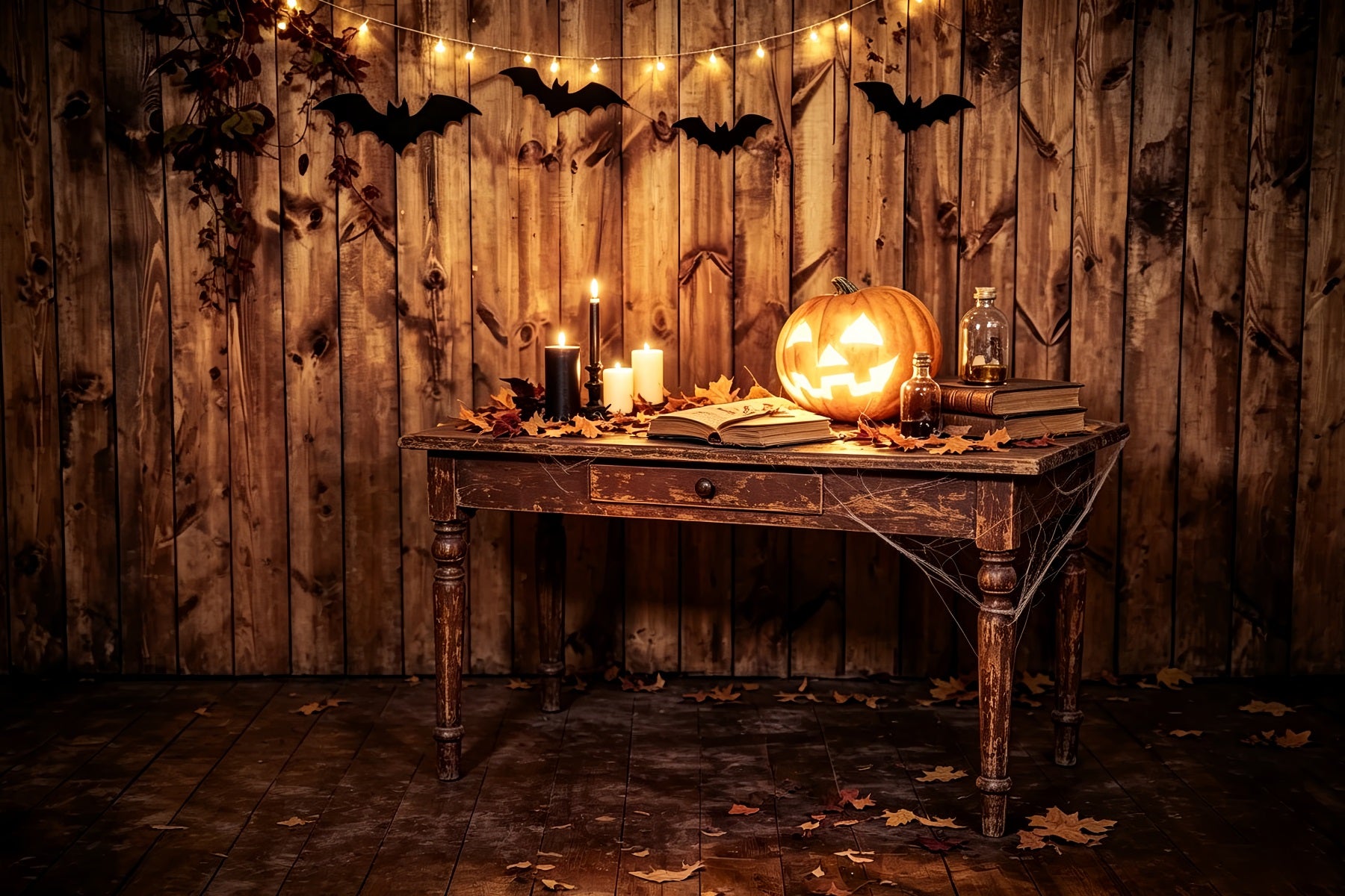 Halloween Picture Backdrops Rustic Pumpkin Candle Table Halloween Birthday Backdrop ZTT67-46