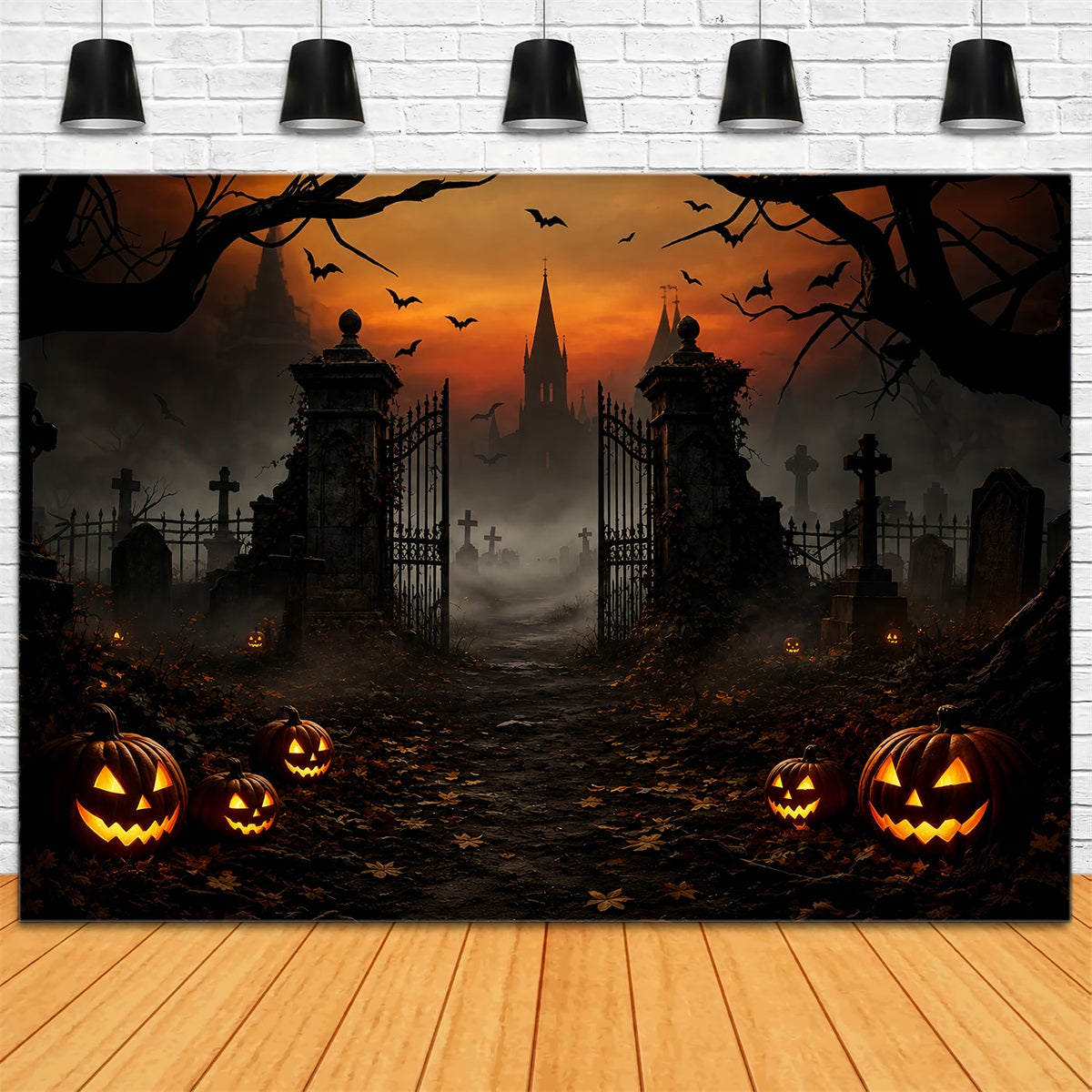 Halloween House Backdrop Foggy Pumpkin Cemetery Gateway Halloween Cemetery Backdrop ZTT67-47