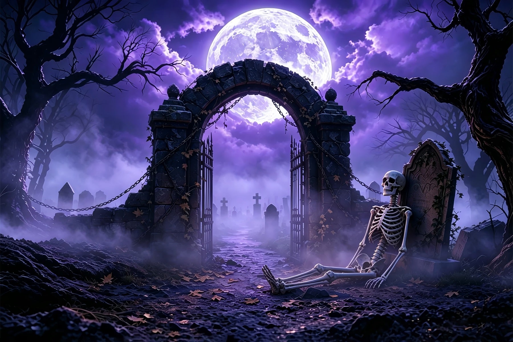 Scary Halloween Backdrop Ideas Purple Moon Skeleton Graveyard Halloween Photoshoot Backdrop ZTT67-48