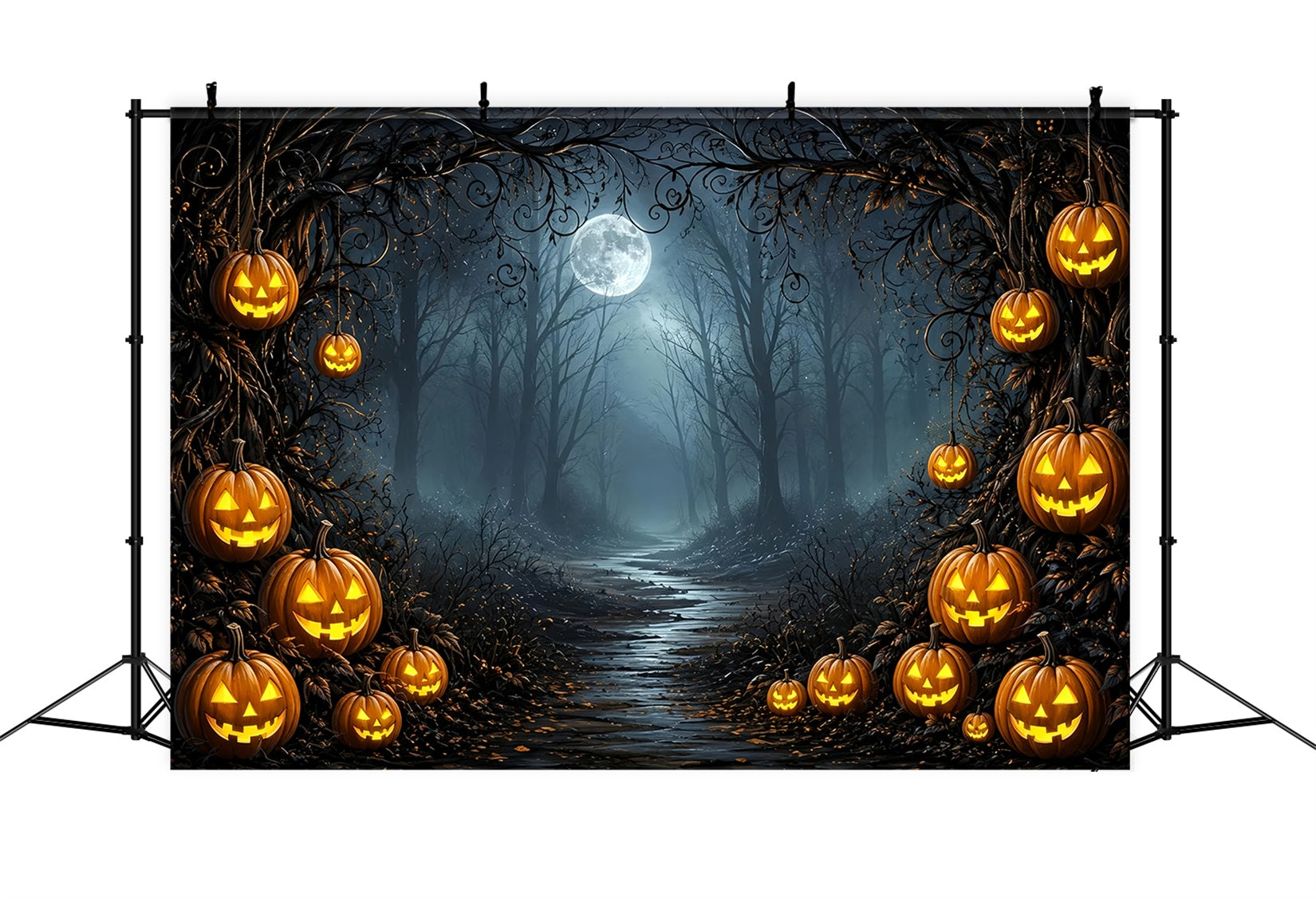 Starry Night Halloween Backdrop Moonlit Pumpkin Forest Path Halloween Party Backdrop Ideas ZTT67-51