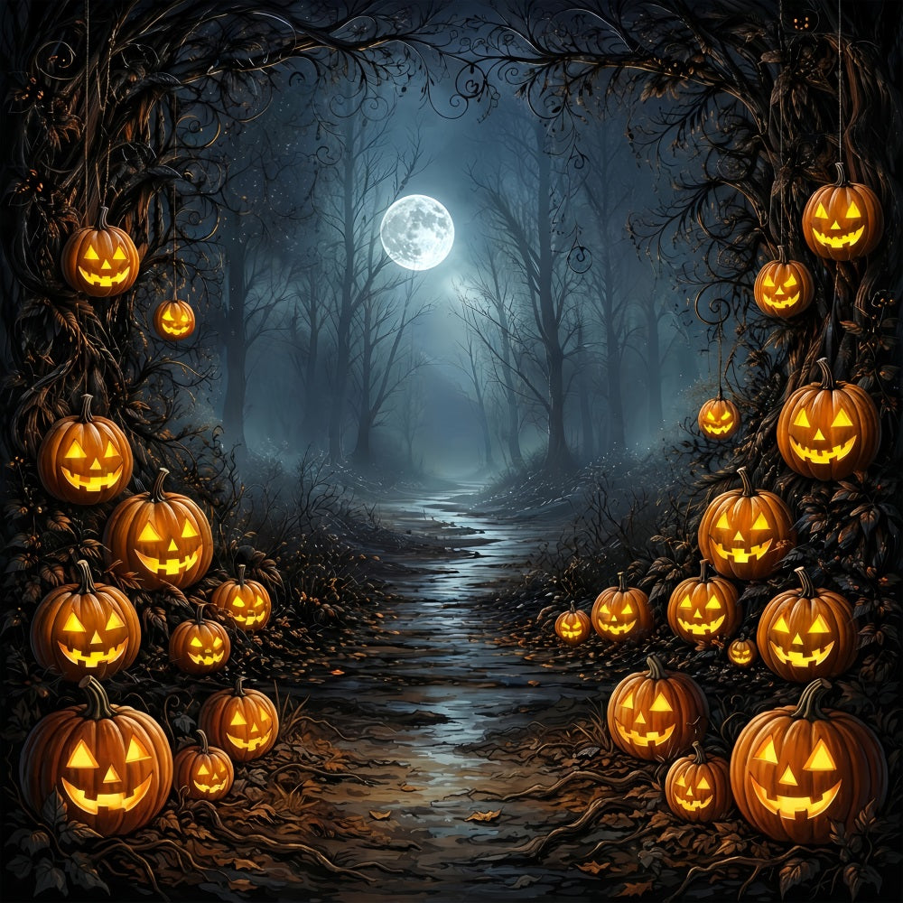 Starry Night Halloween Backdrop Moonlit Pumpkin Forest Path Halloween Party Backdrop Ideas ZTT67-51