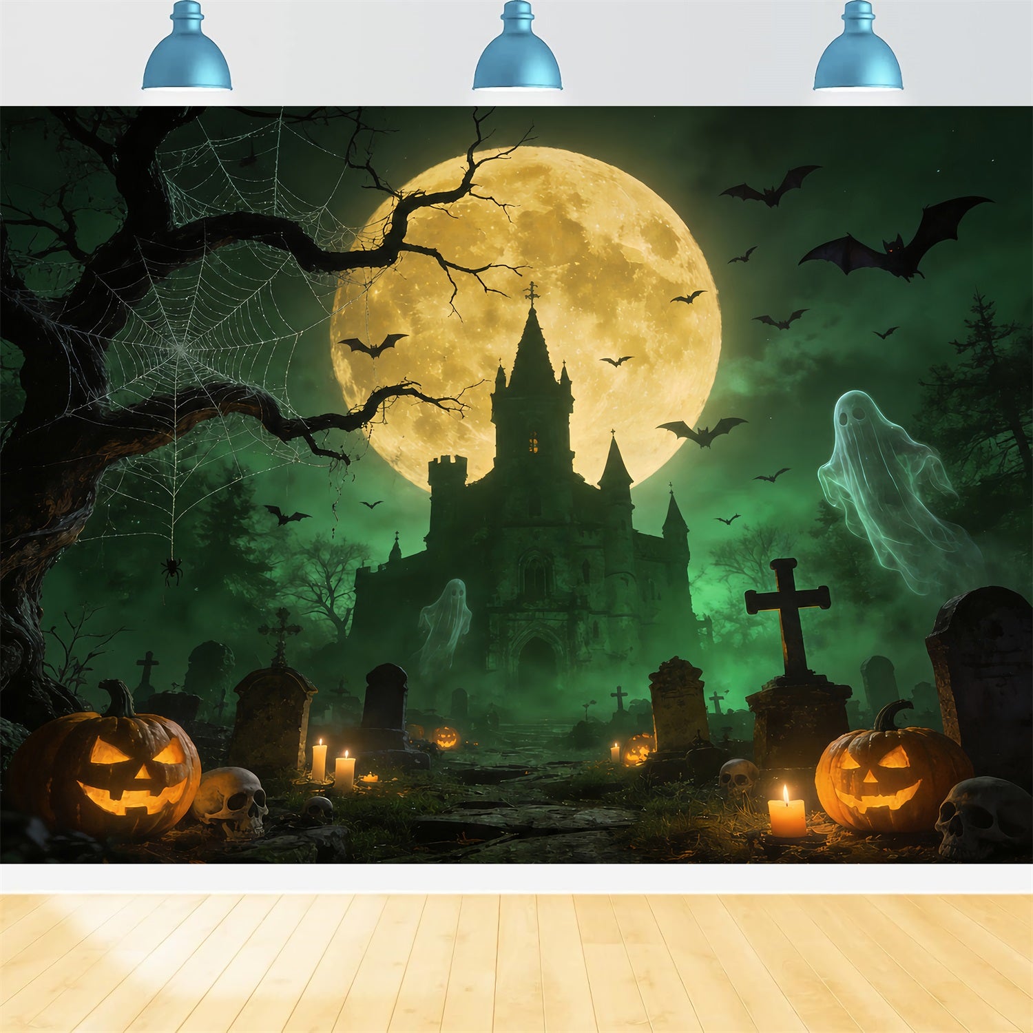 Ghost Spider Backdrop Ghostly Castle Graveyard Moon Halloween Backdrops For Pictures ZTT67-52
