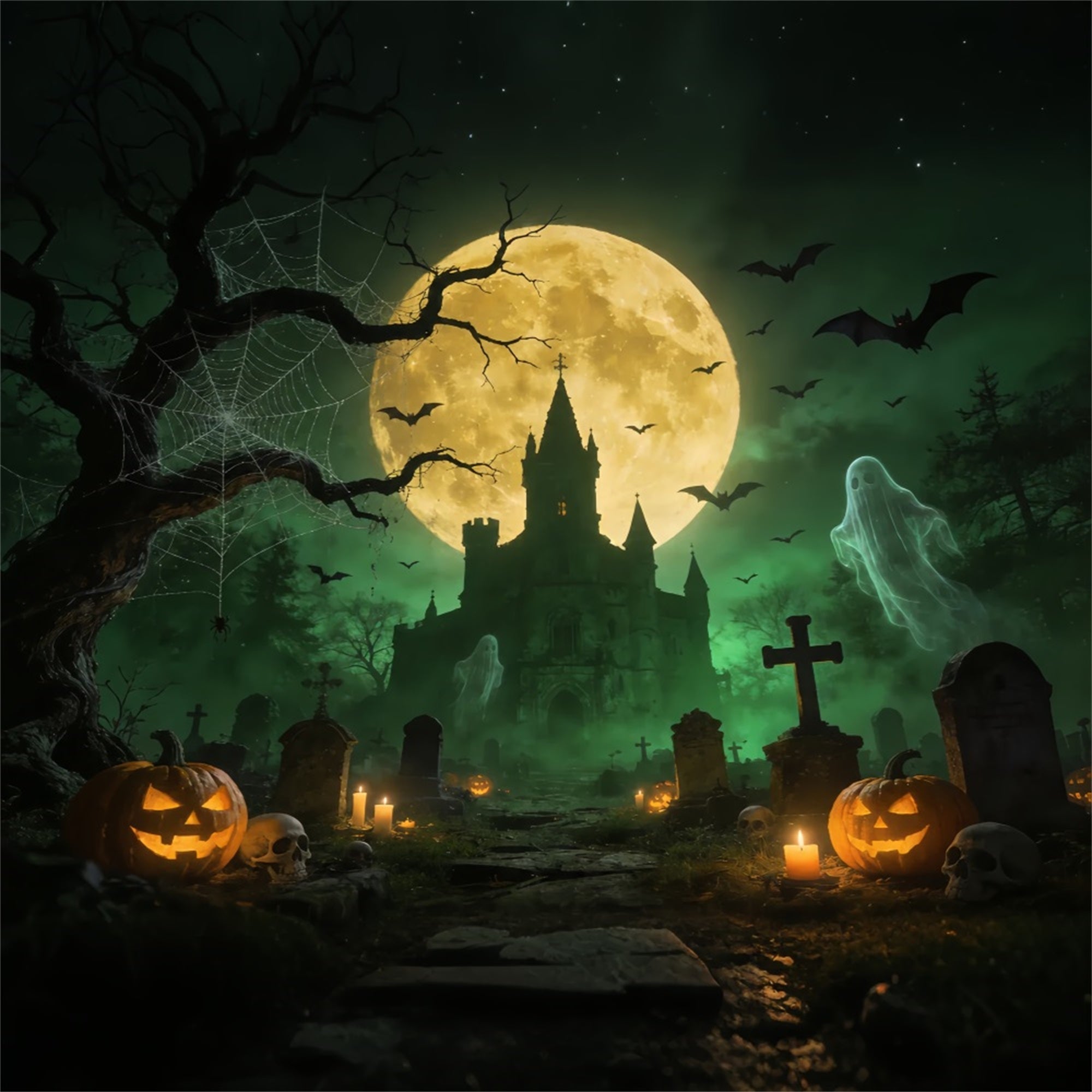Ghost Spider Backdrop Ghostly Castle Graveyard Moon Halloween Backdrops For Pictures ZTT67-52
