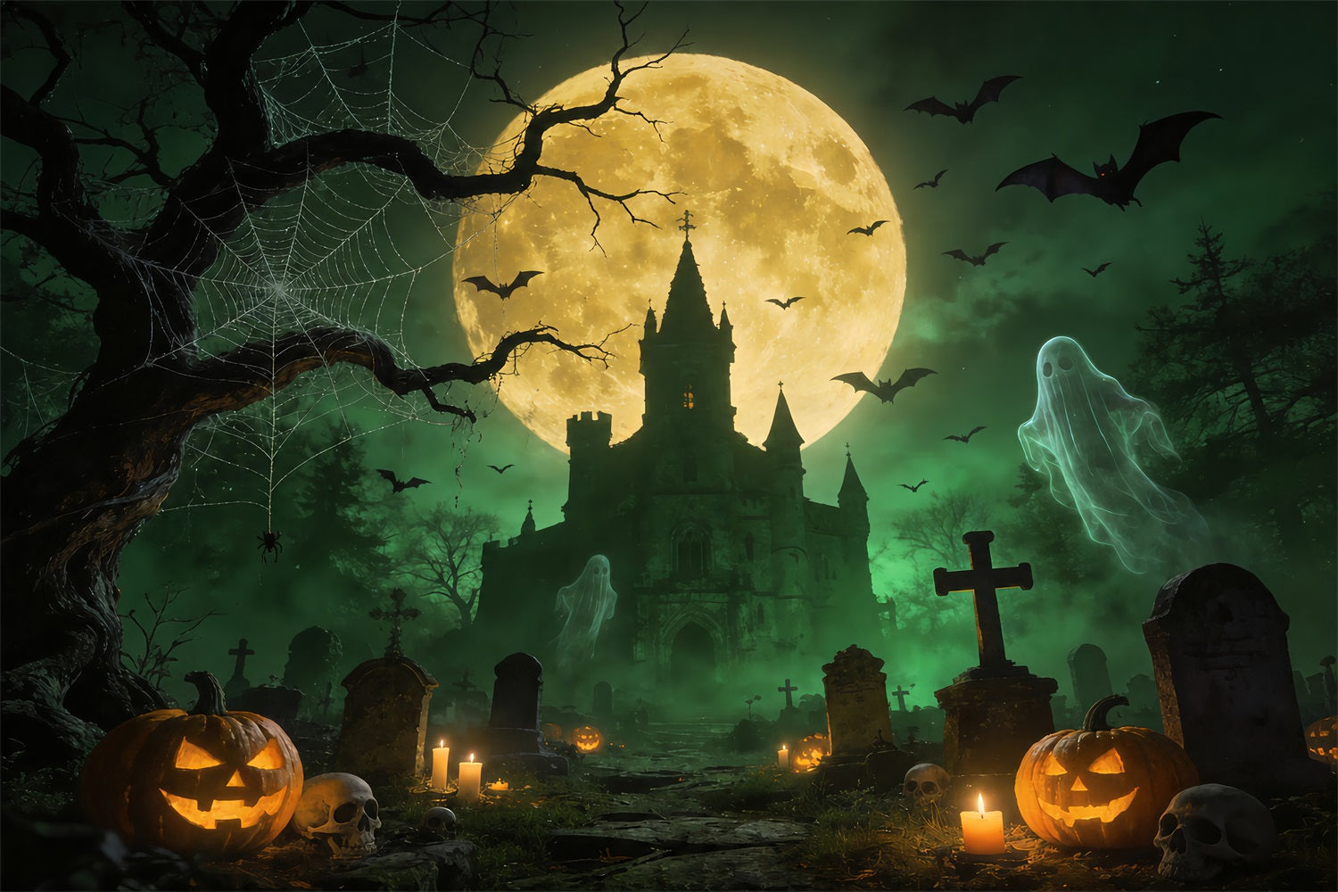 Ghost Spider Backdrop Ghostly Castle Graveyard Moon Halloween Backdrops For Pictures ZTT67-52