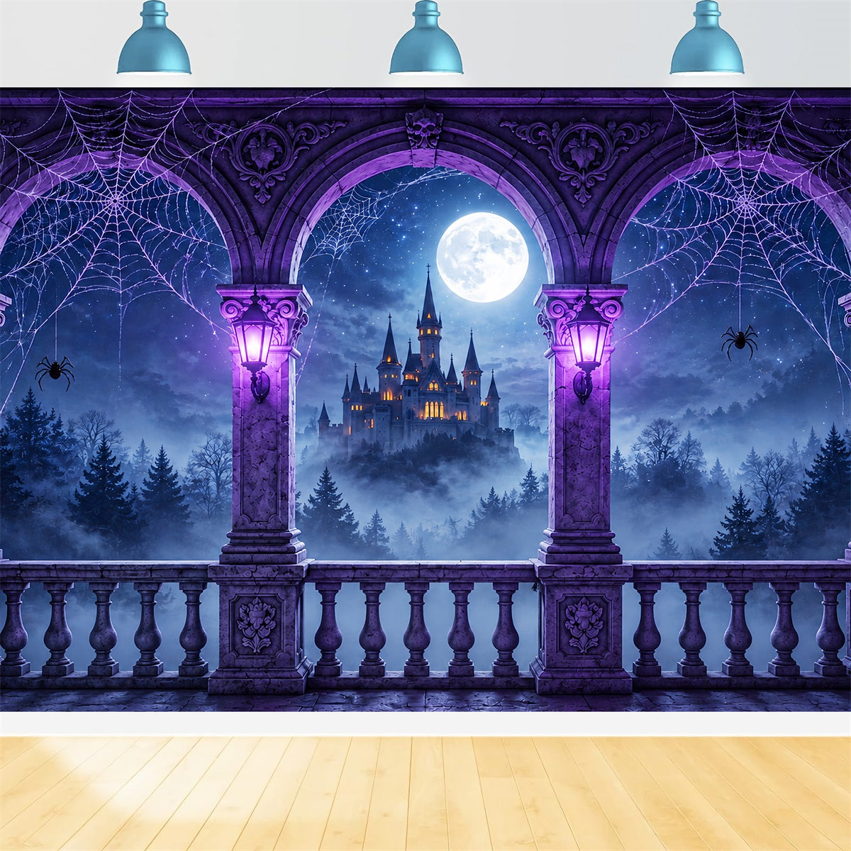 Backdrop Spider Purple Cobweb Castle Balcony Halloween Backdrop Photography ZTT67-54