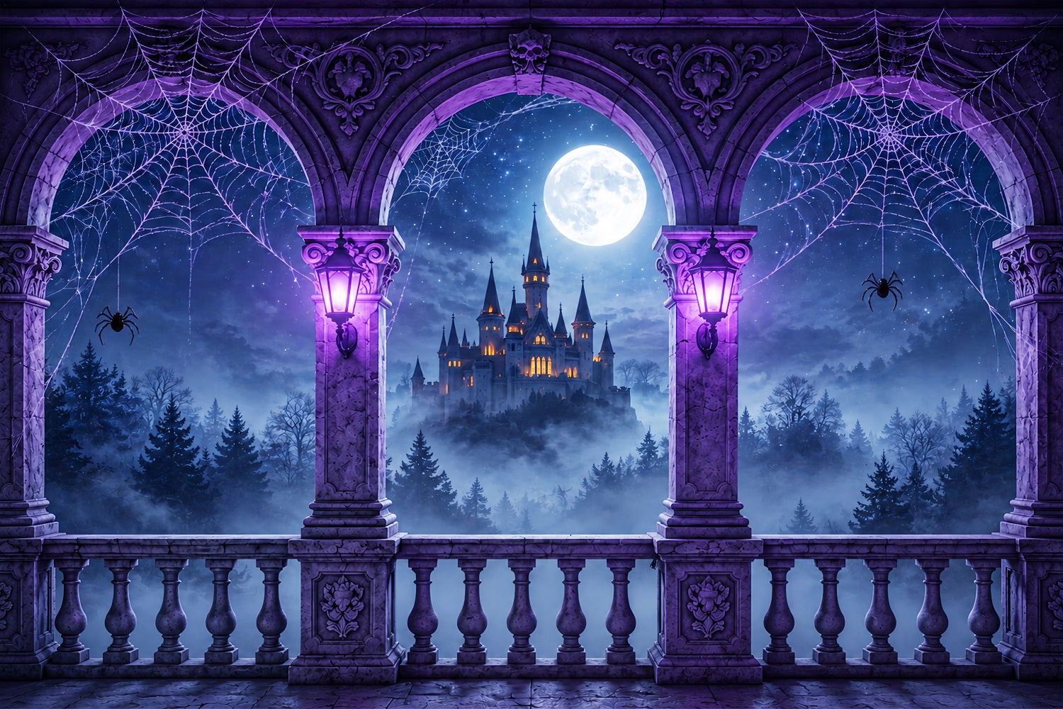 Backdrop Spider Purple Cobweb Castle Balcony Halloween Backdrop Photography ZTT67-54
