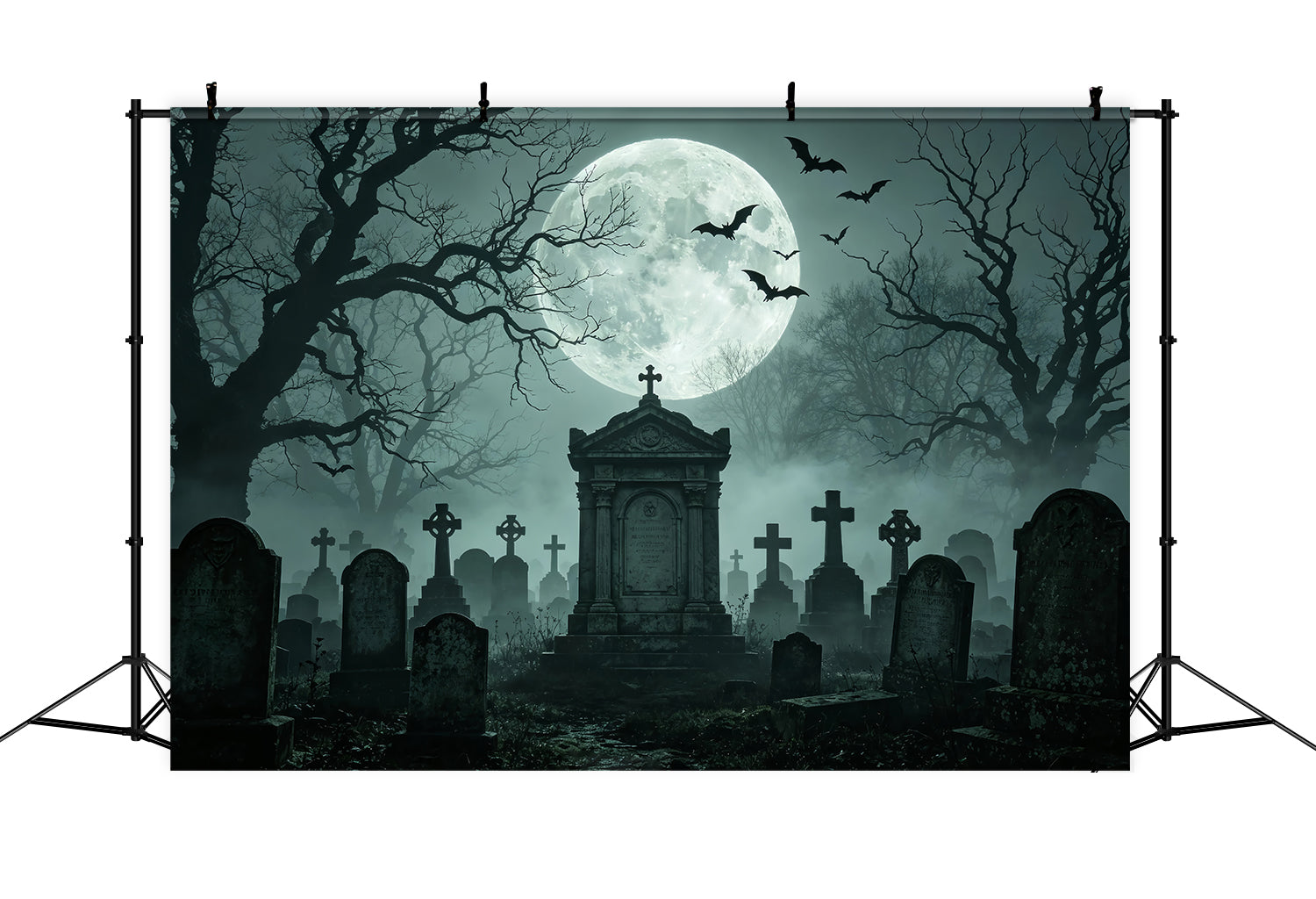 Halloween Backdrop Balloon Moonlit Foggy Graveyard Monument Halloween Cloth Backdrop ZTT67-56