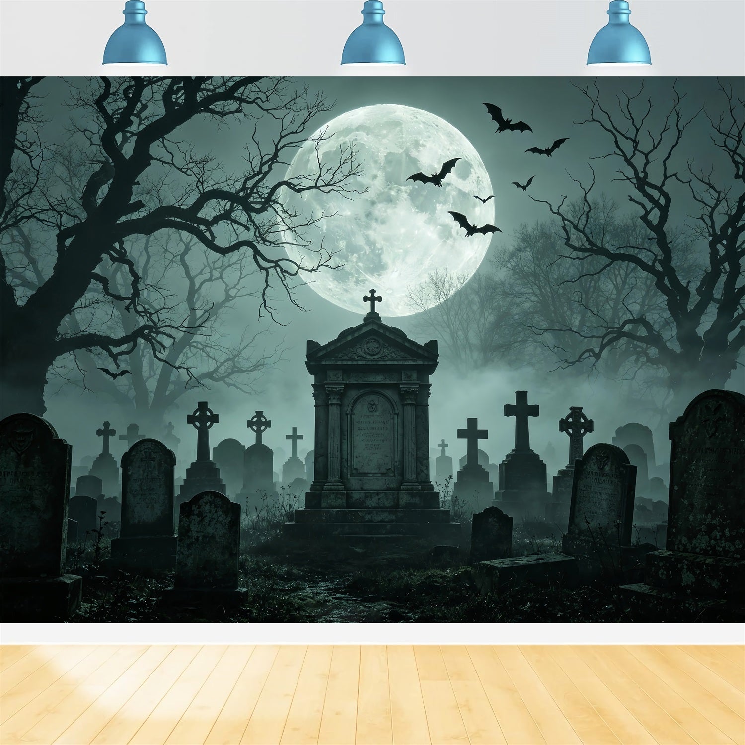 Halloween Backdrop Balloon Moonlit Foggy Graveyard Monument Halloween Cloth Backdrop ZTT67-56