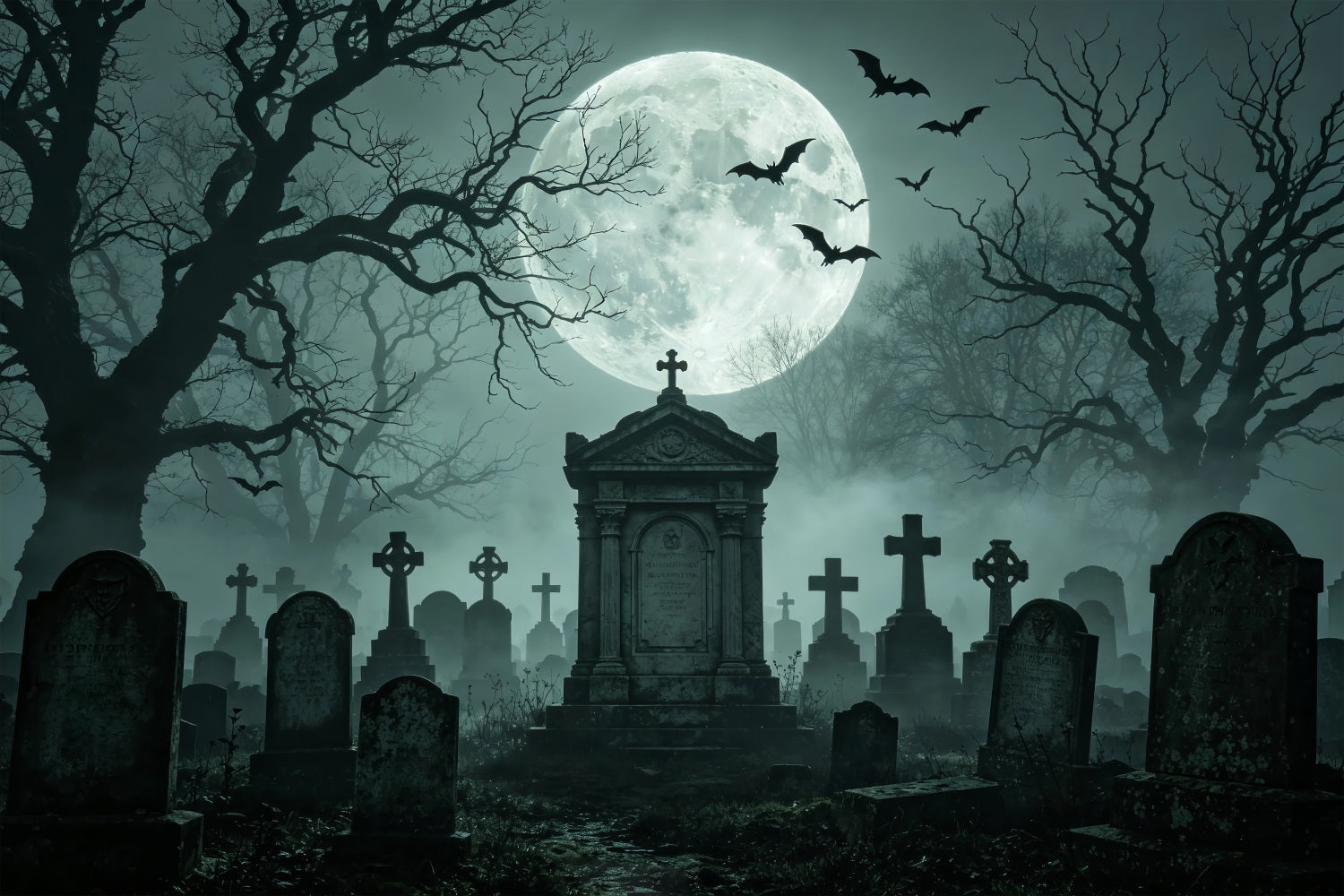 Halloween Backdrop Balloon Moonlit Foggy Graveyard Monument Halloween Cloth Backdrop ZTT67-56