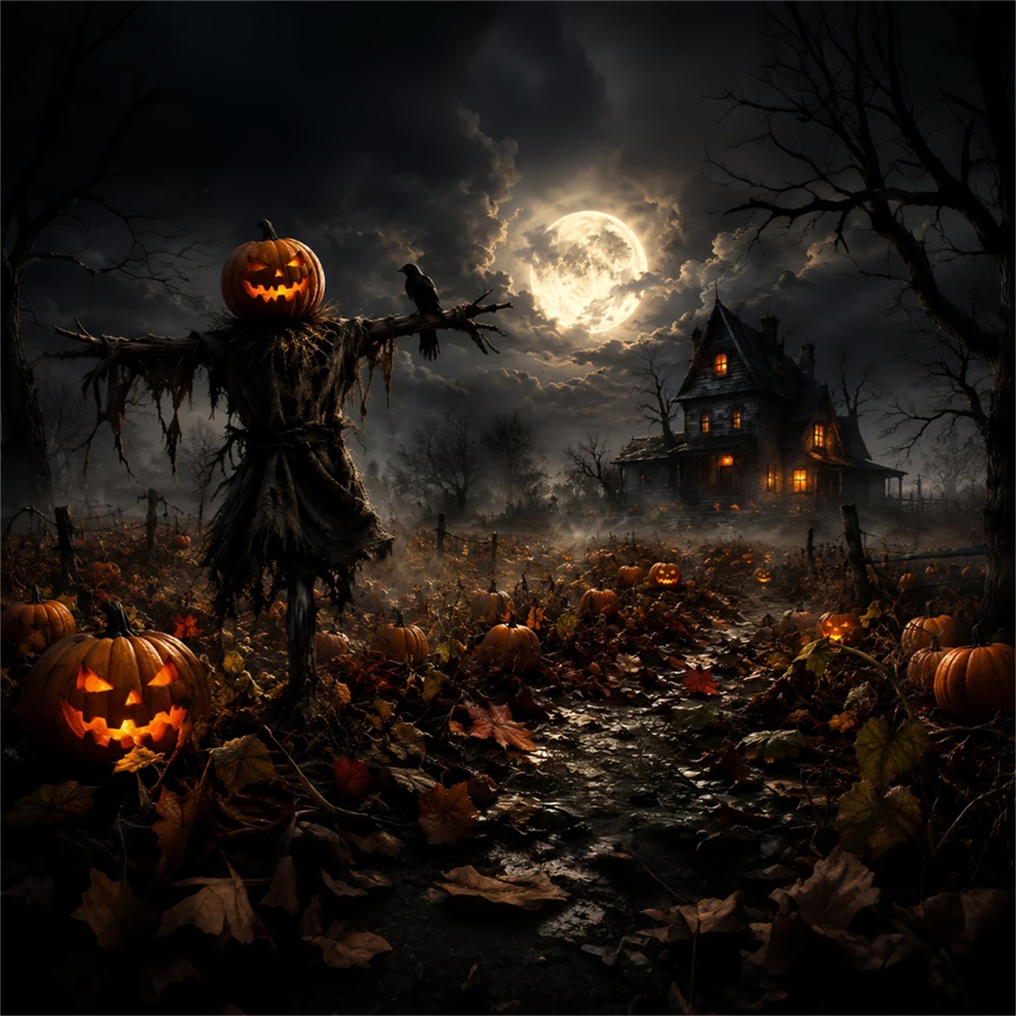 Pumpkin Patch Back Drop Moonlit Scarecrow Farmhouse Halloween Backdrop Ideas Diy ZTT67-58