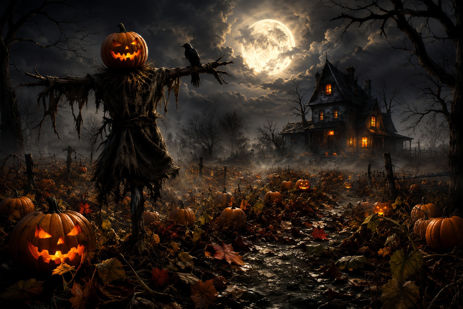 Pumpkin Patch Back Drop Moonlit Scarecrow Farmhouse Halloween Backdrop Ideas Diy ZTT67-58