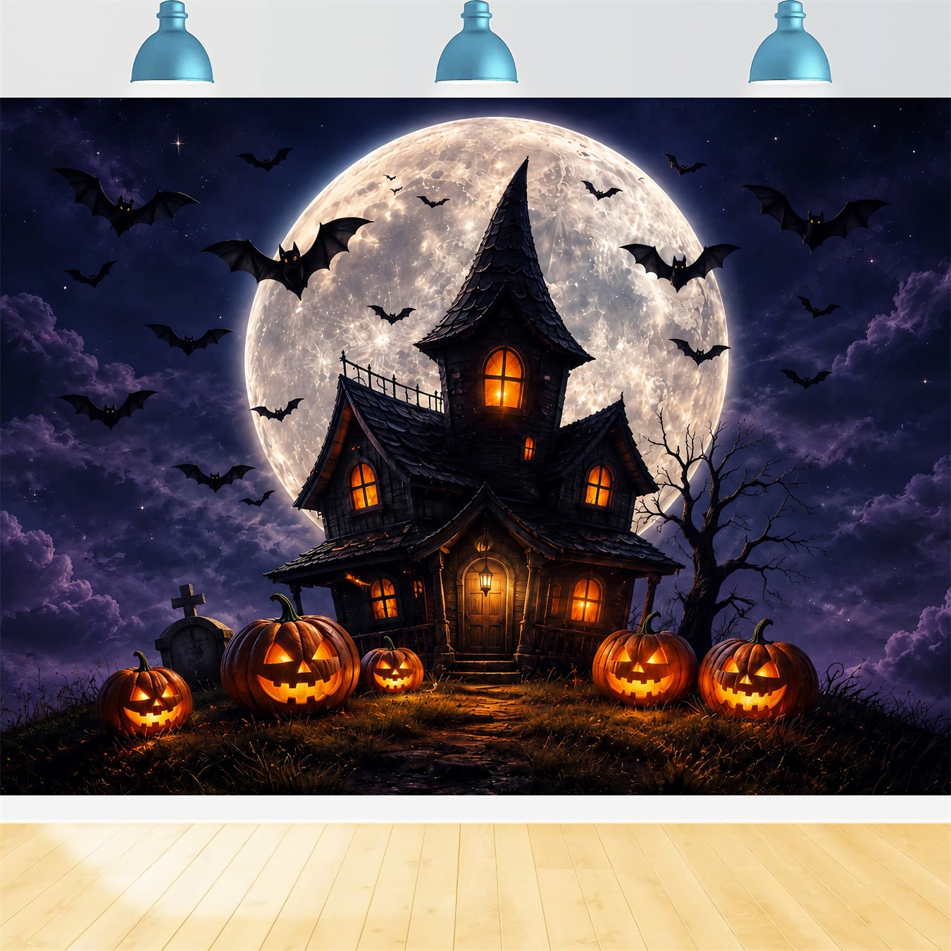 Witches Lair Backdrop Moonlit Pumpkin Haunted Cottage Halloween Scene Backdrop ZTT67-60