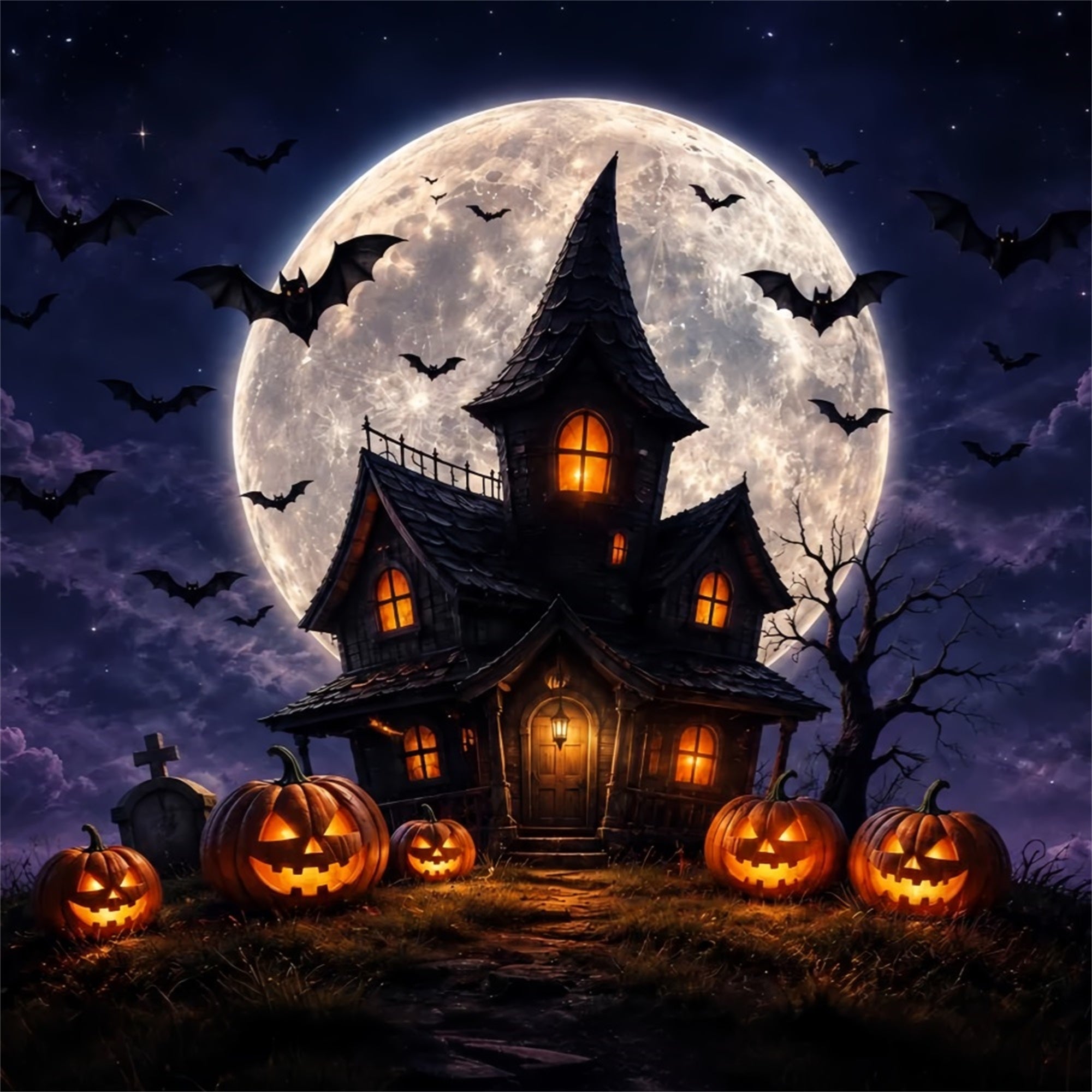 Witches Lair Backdrop Moonlit Pumpkin Haunted Cottage Halloween Scene Backdrop ZTT67-60