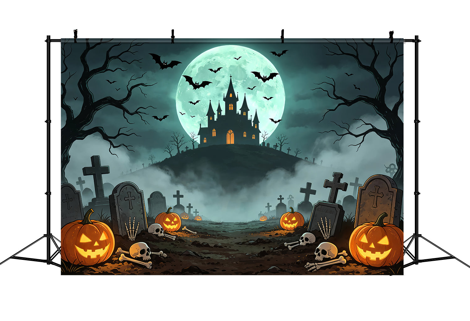 Vampire Backdrops Moonlit Castle Graveyard Path Scary Halloween Photo Backdrops ZTT67-61