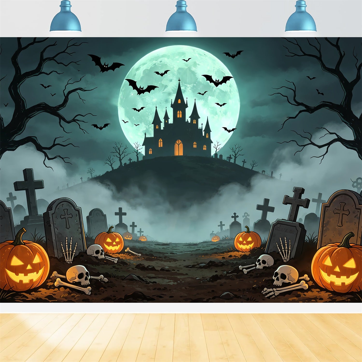 Vampire Backdrops Moonlit Castle Graveyard Path Scary Halloween Photo Backdrops ZTT67-61