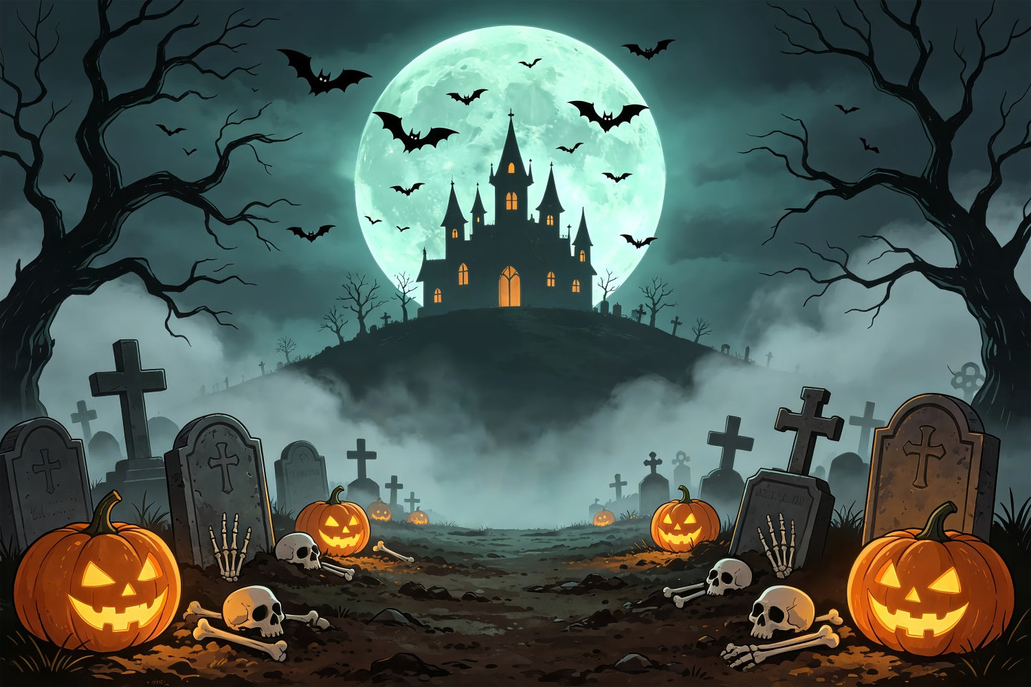 Vampire Backdrops Moonlit Castle Graveyard Path Scary Halloween Photo Backdrops ZTT67-61
