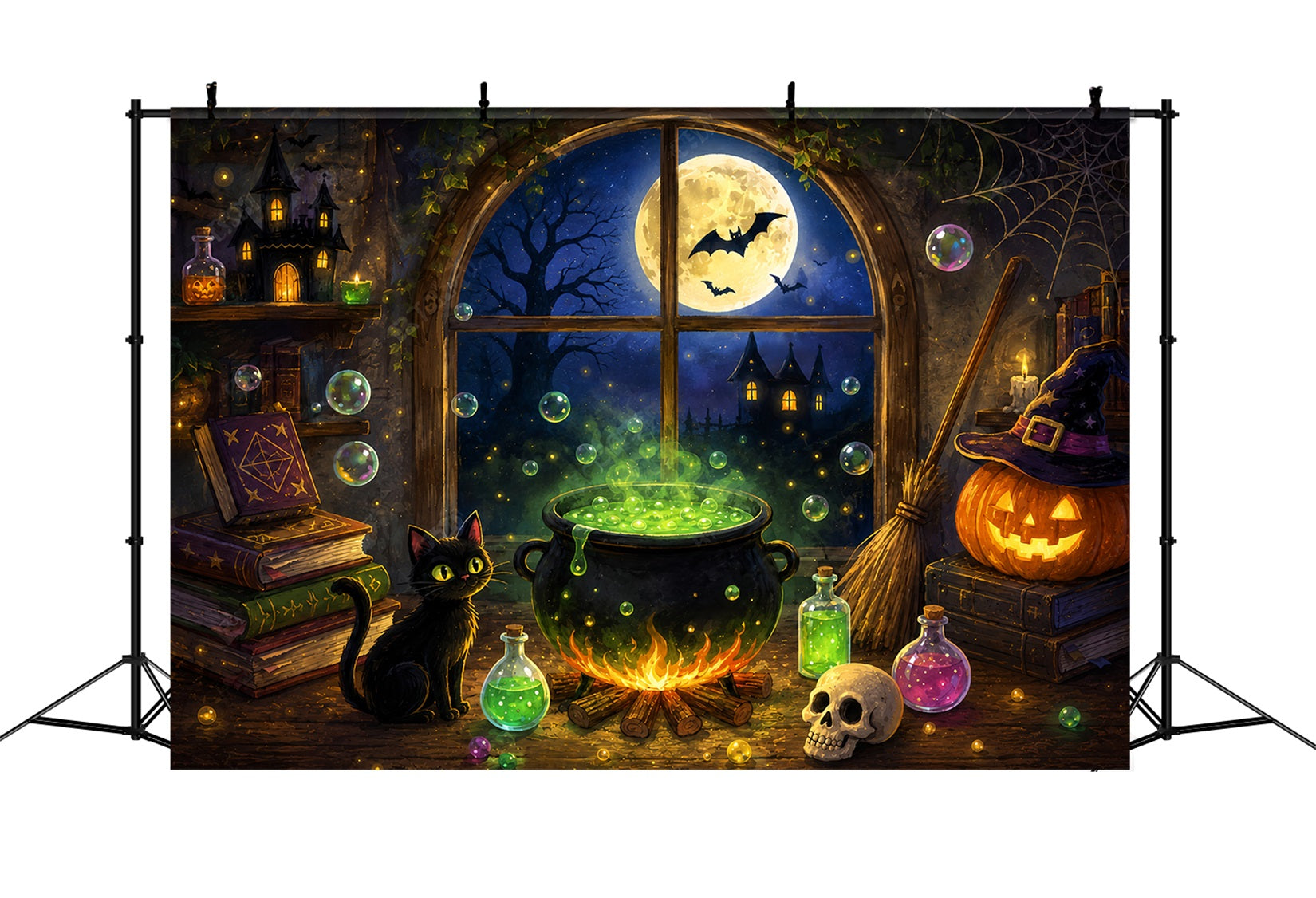 Witches Kitchen Backdrop Moonlit Witch Cauldron Cottage Simple Halloween Backdrop ZTT67-62