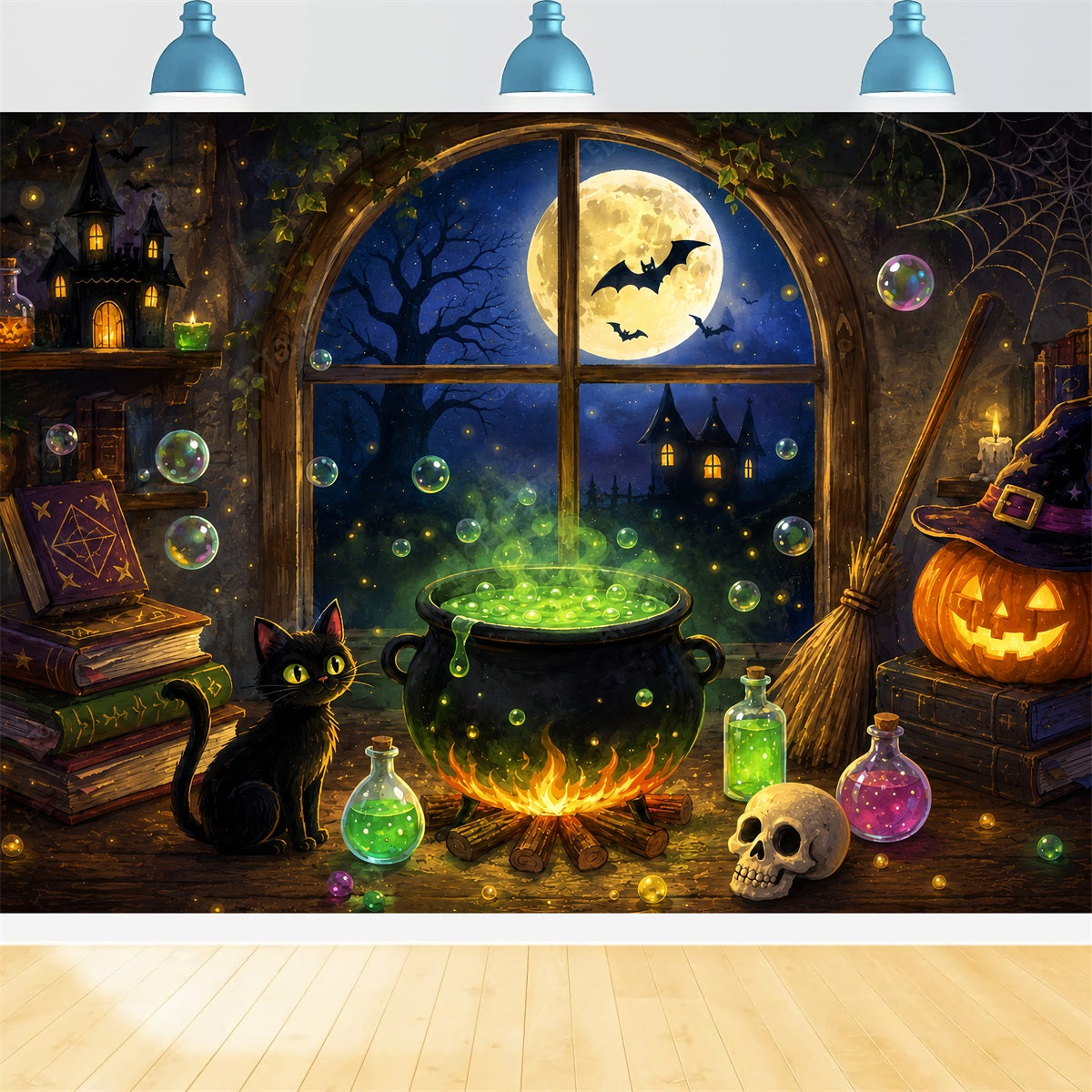 Witches Kitchen Backdrop Moonlit Witch Cauldron Cottage Simple Halloween Backdrop ZTT67-62