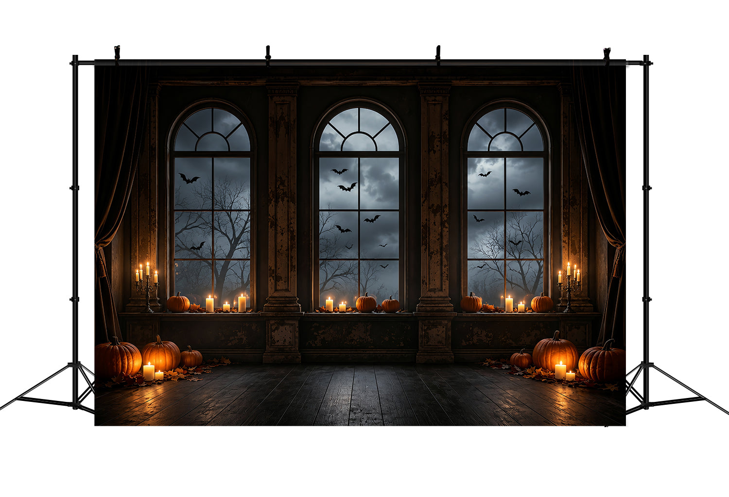 Batcave Backdrop Candlelit Pumpkin Arched Windows Halloween Backdrop Photos ZTT67-63